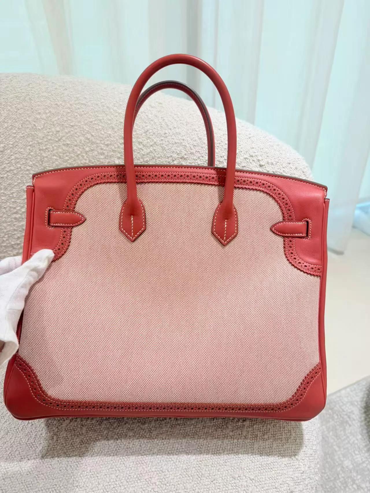 Excellent ( Rank SA ) HERMÈS Birkin Ghillies 35 Sanguine (9M) Swift Toile H canvas Palladium hardware Square Q (2013) - 7