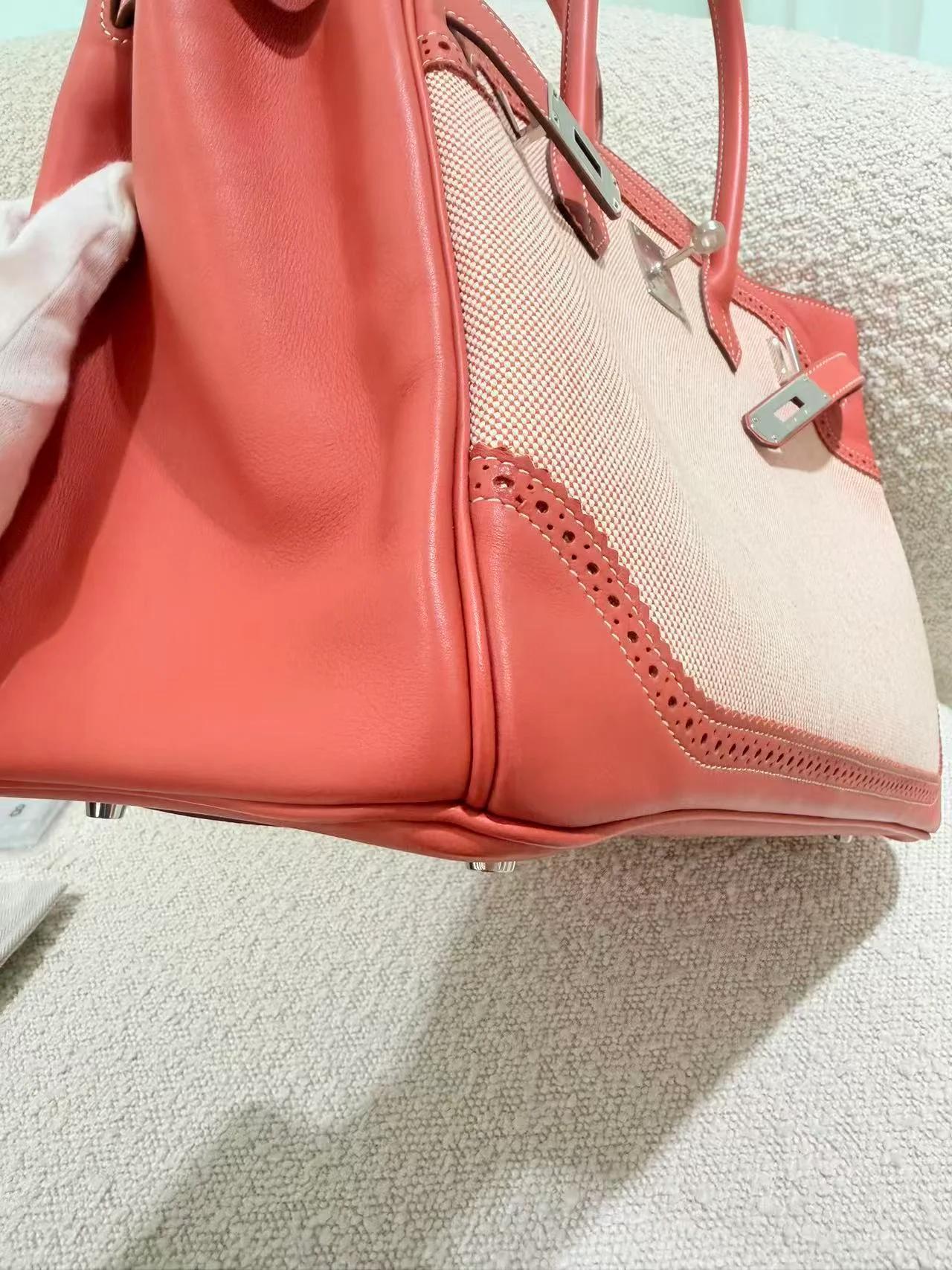 Excellent ( Rank SA ) HERMÈS Birkin Ghillies 35 Sanguine (9M) Swift Toile H canvas Palladium hardware Square Q (2013) - 9