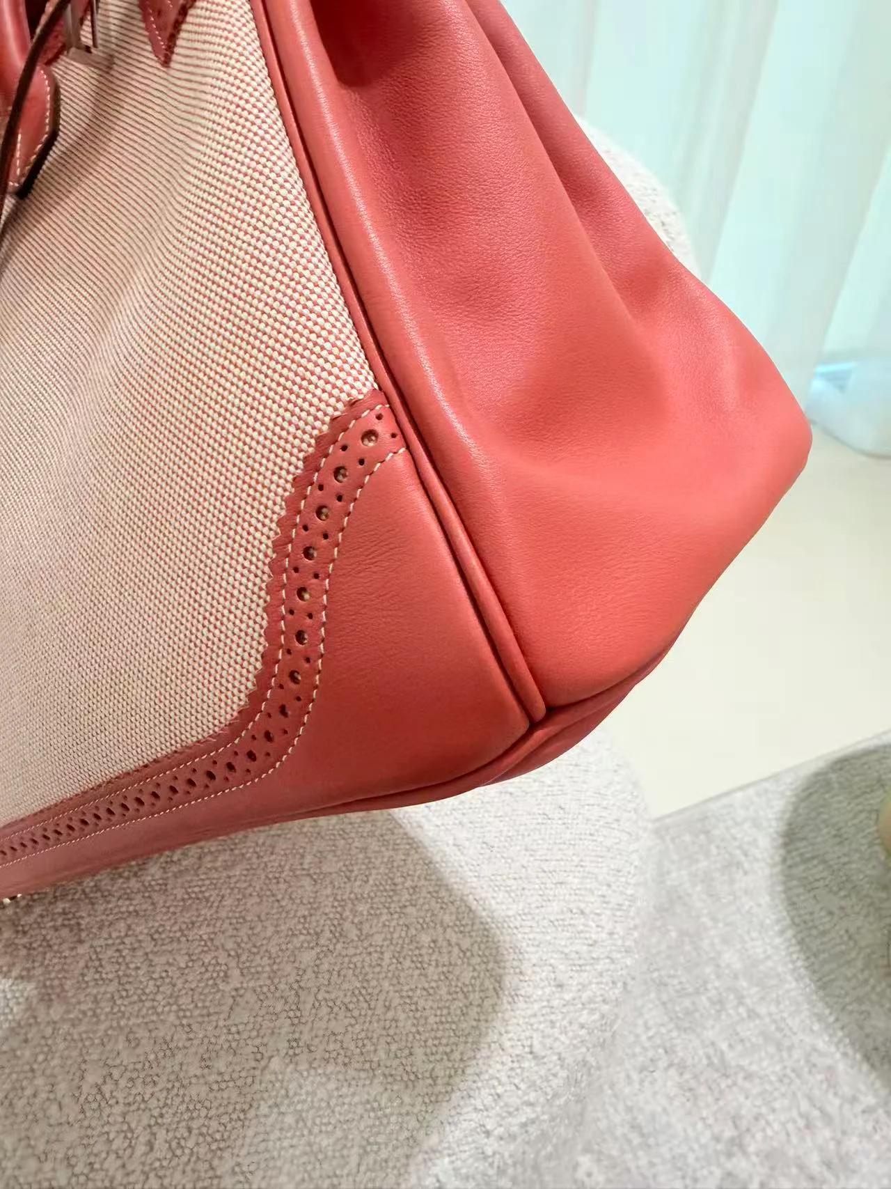 Excellent ( Rank SA ) HERMÈS Birkin Ghillies 35 Sanguine (9M) Swift Toile H canvas Palladium hardware Square Q (2013) - 10