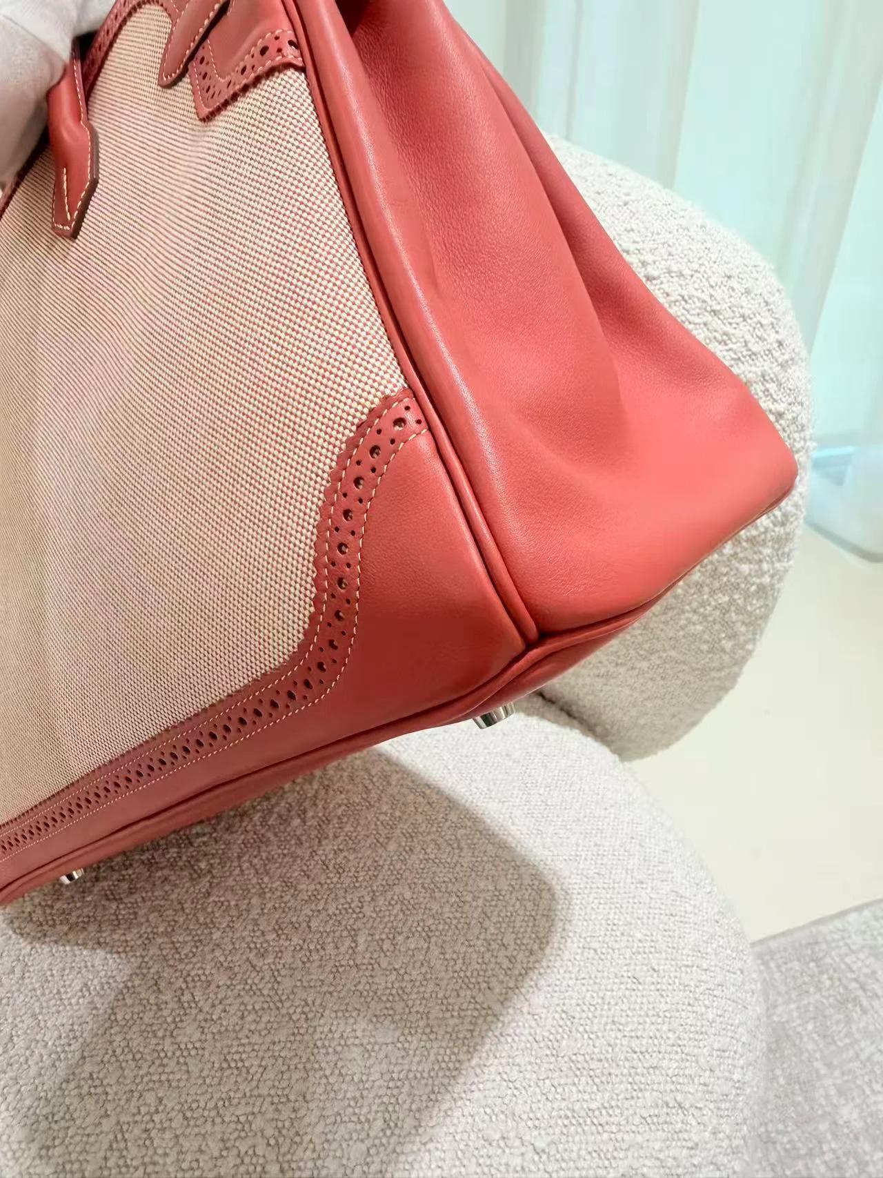 Excellent ( Rank SA ) HERMÈS Birkin Ghillies 35 Sanguine (9M) Swift Toile H canvas Palladium hardware Square Q (2013) - 8