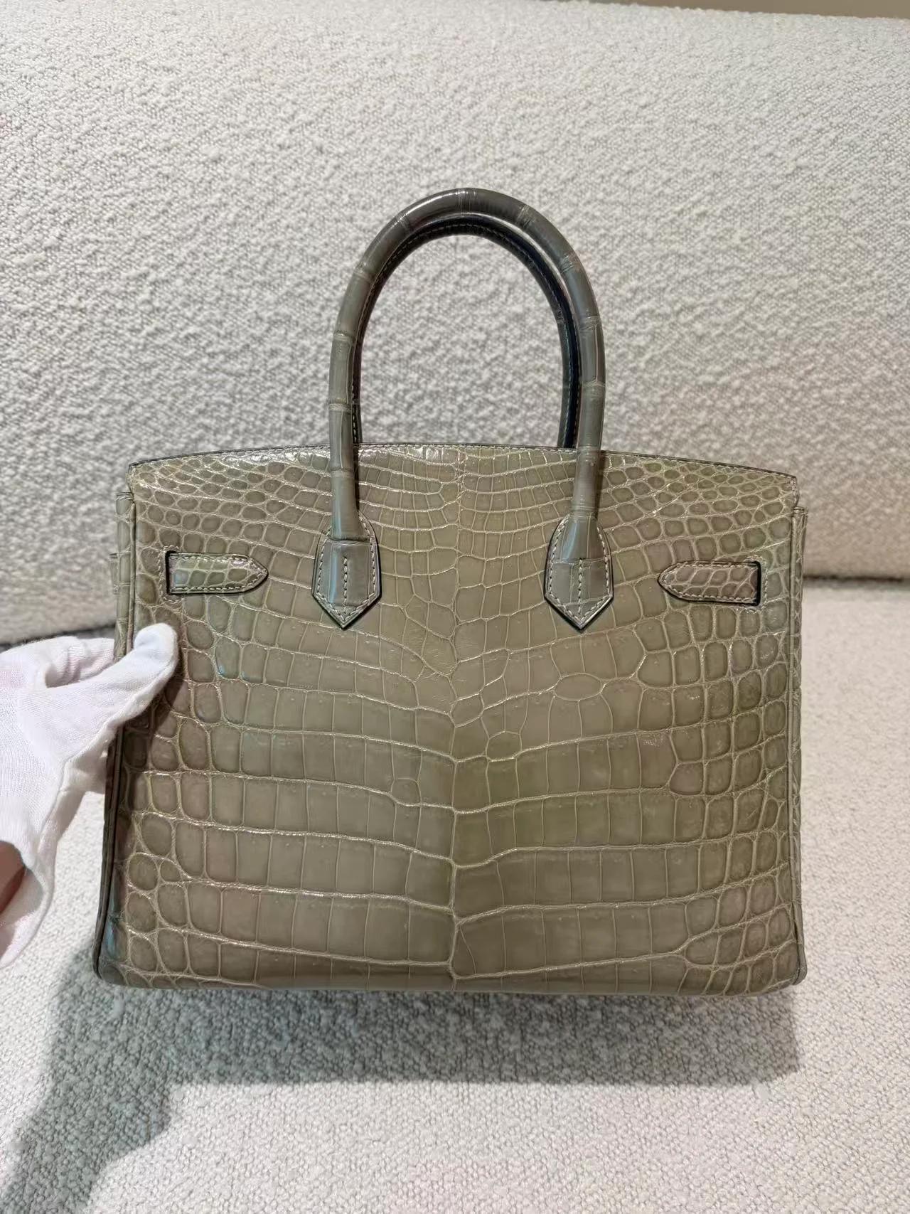 Very Good ( Rank A) HERMÈS Birkin 30 Gris Tourterelle (81) Shiny Niloticus Crocodile Gold hardware X (2016) - 8