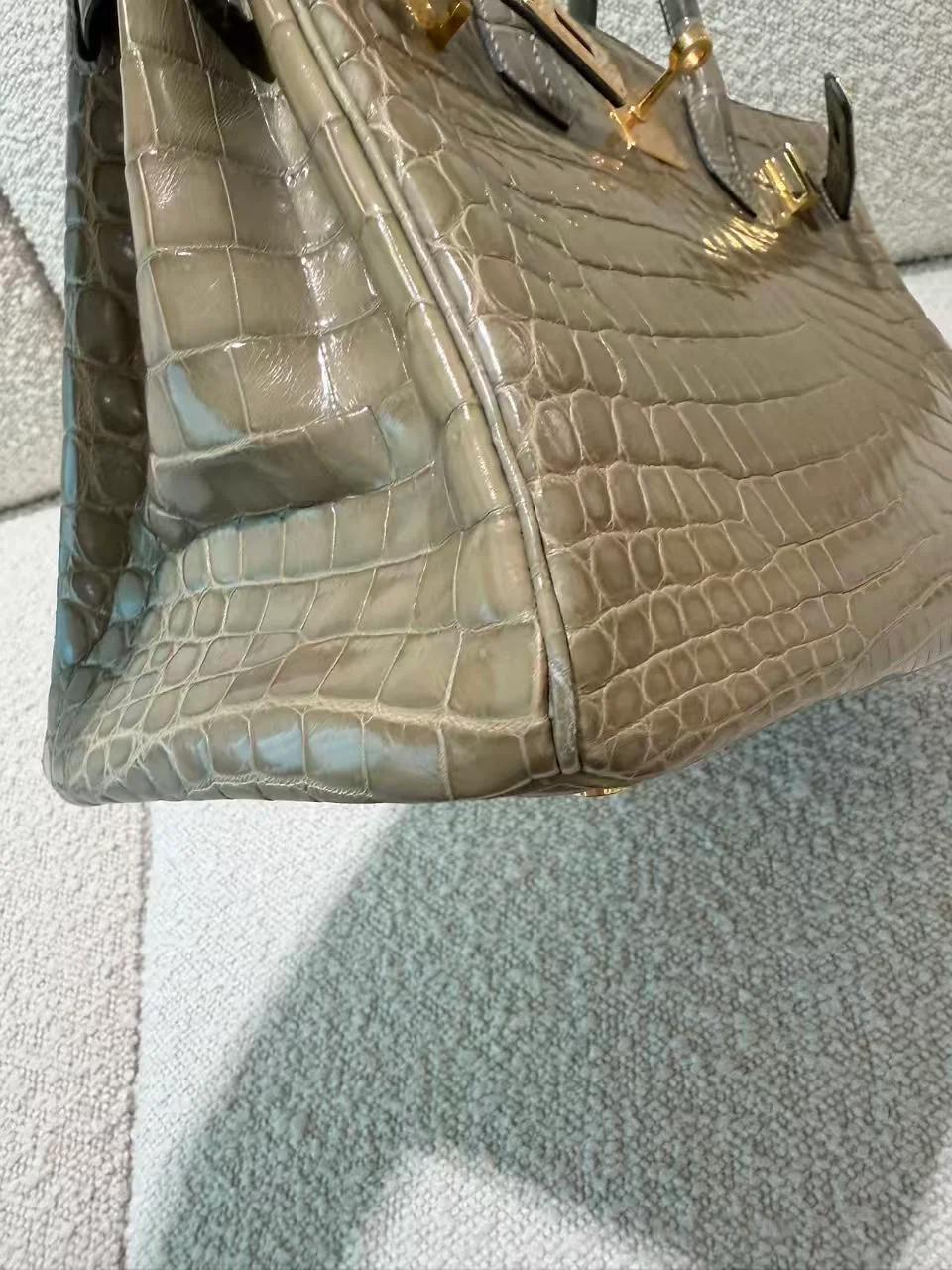 Very Good ( Rank A) HERMÈS Birkin 30 Gris Tourterelle (81) Shiny Niloticus Crocodile Gold hardware X (2016) - 18