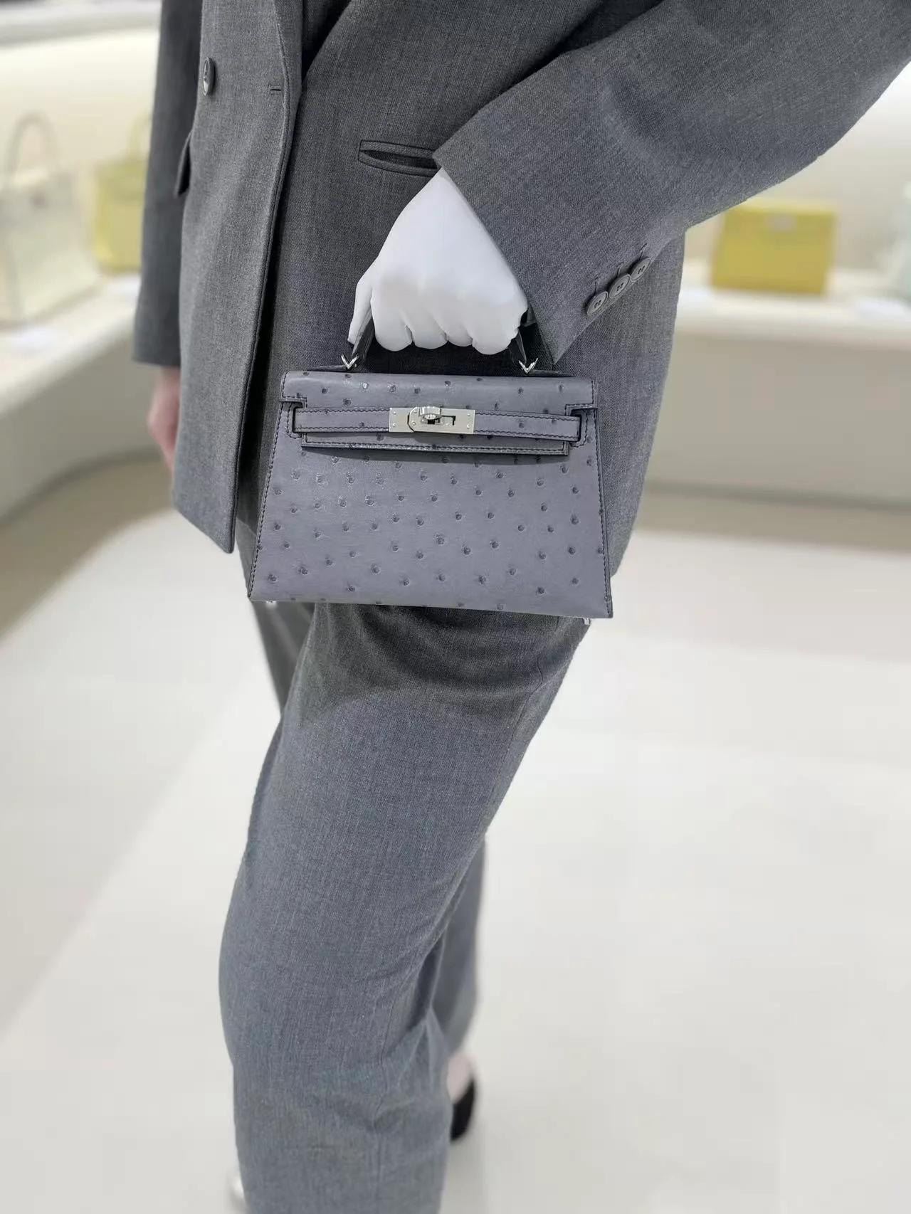 ランク SA HERMÈS エルメス ミニケリー2 グリアガット (82) オーストリッチ シルバー金具 C刻印 (2018) - 5