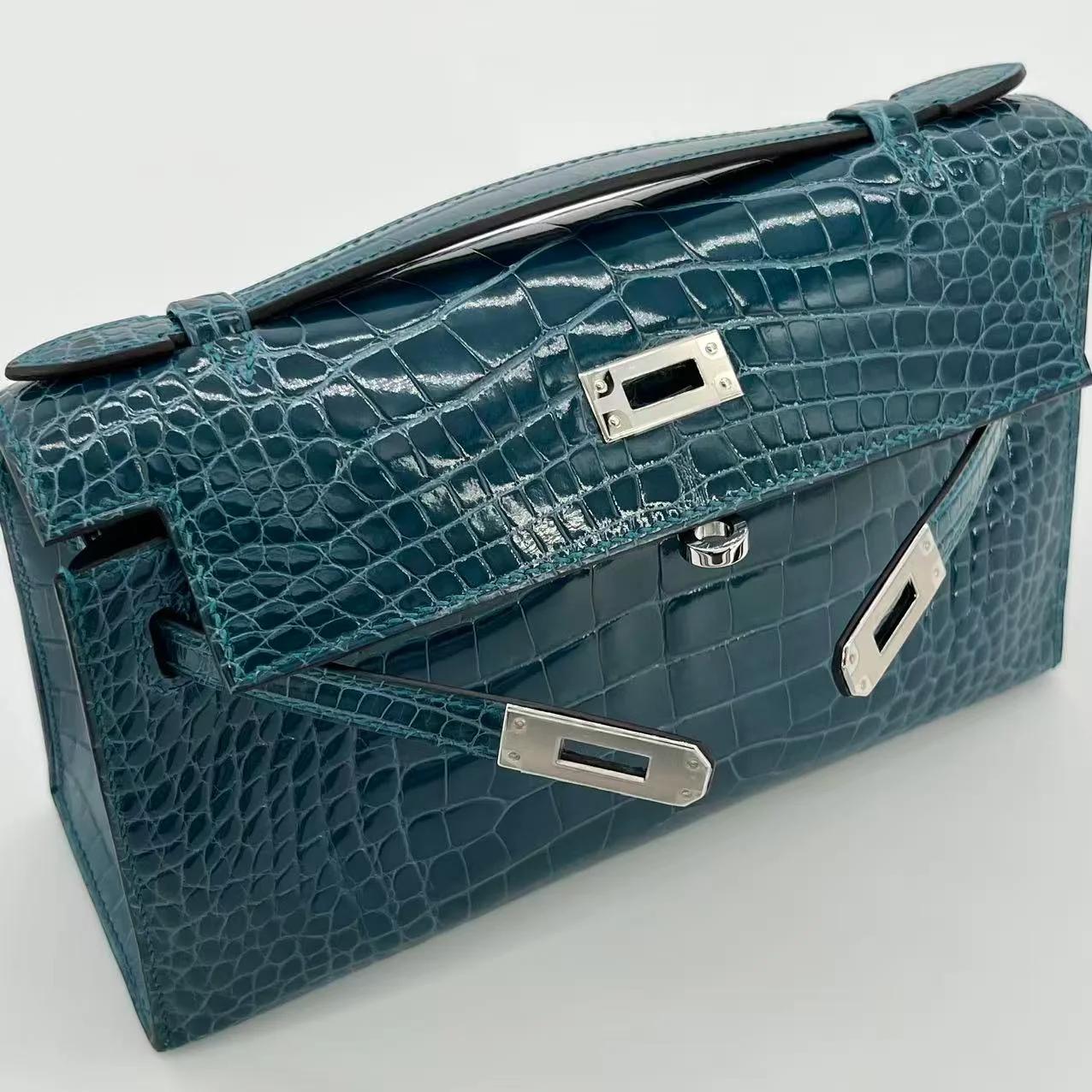 Unused ( Rank NS ) HERMÈS Kelly Pochette Vert Bosphore (W0) Shiny Alligator Palladium hardware Y (2020) - 12