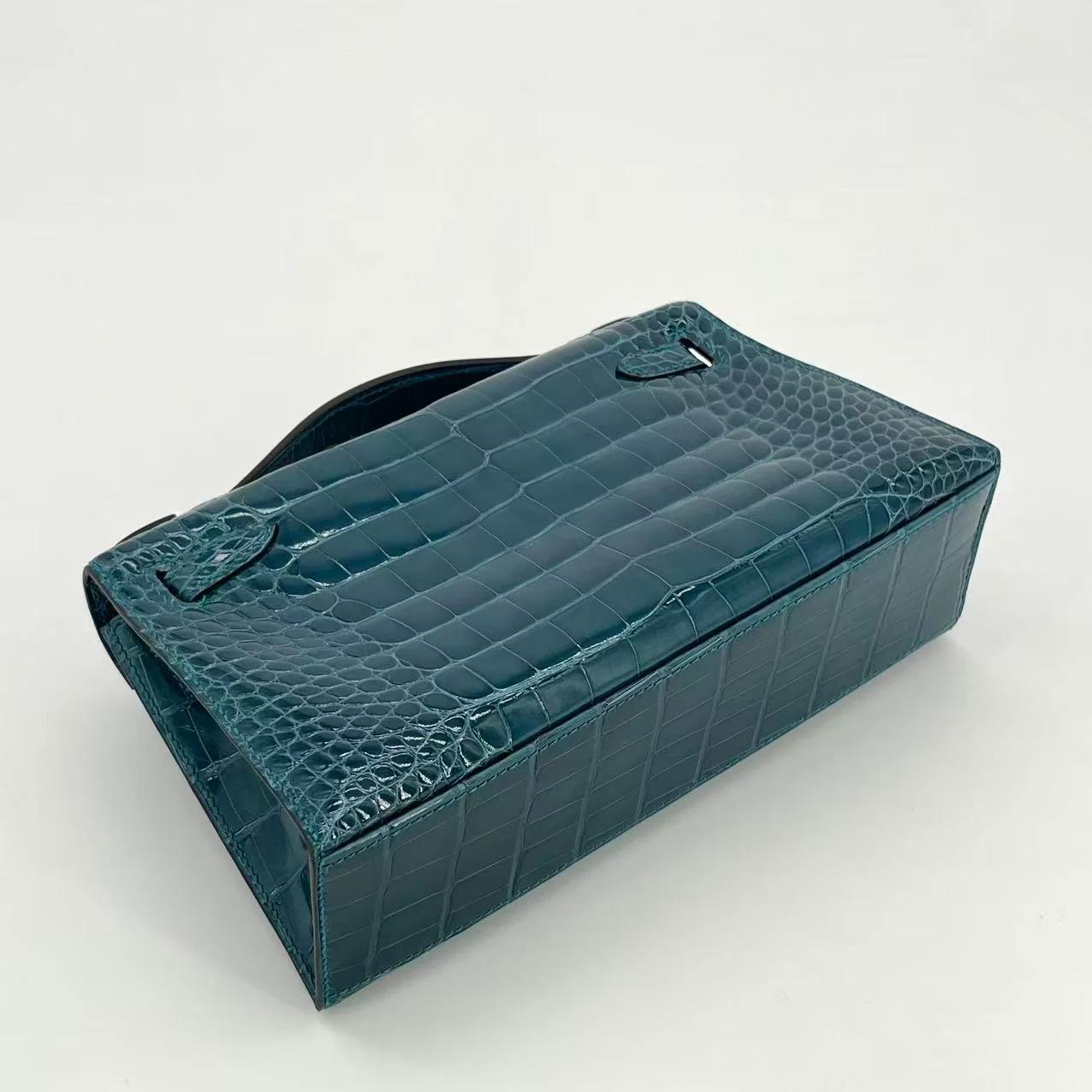 Unused ( Rank NS ) HERMÈS Kelly Pochette Vert Bosphore (W0) Shiny Alligator Palladium hardware Y (2020) - 7