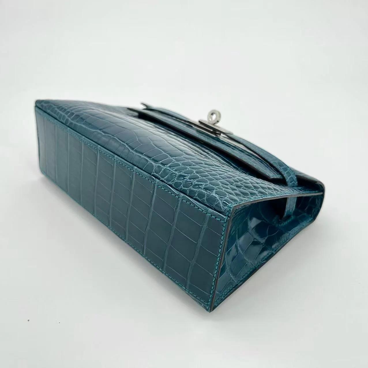 Unused ( Rank NS ) HERMÈS Kelly Pochette Vert Bosphore (W0) Shiny Alligator Palladium hardware Y (2020) - 5
