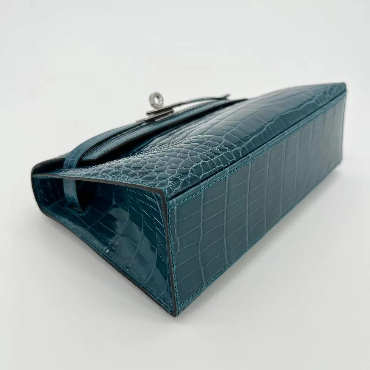 Unused ( Rank NS ) HERMÈS Kelly Pochette Vert Bosphore (W0) Shiny Alligator Palladium hardware Y (2020) - 6