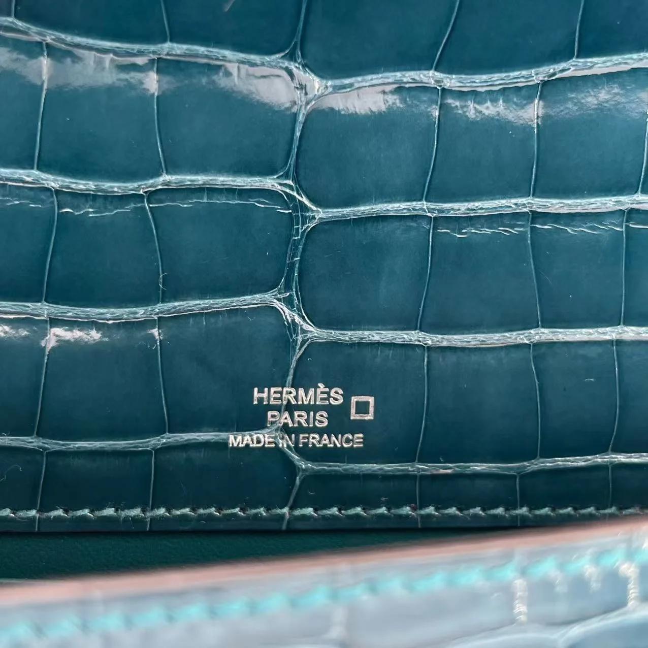 Unused ( Rank NS ) HERMÈS Kelly Pochette Vert Bosphore (W0) Shiny Alligator Palladium hardware Y (2020) - 11