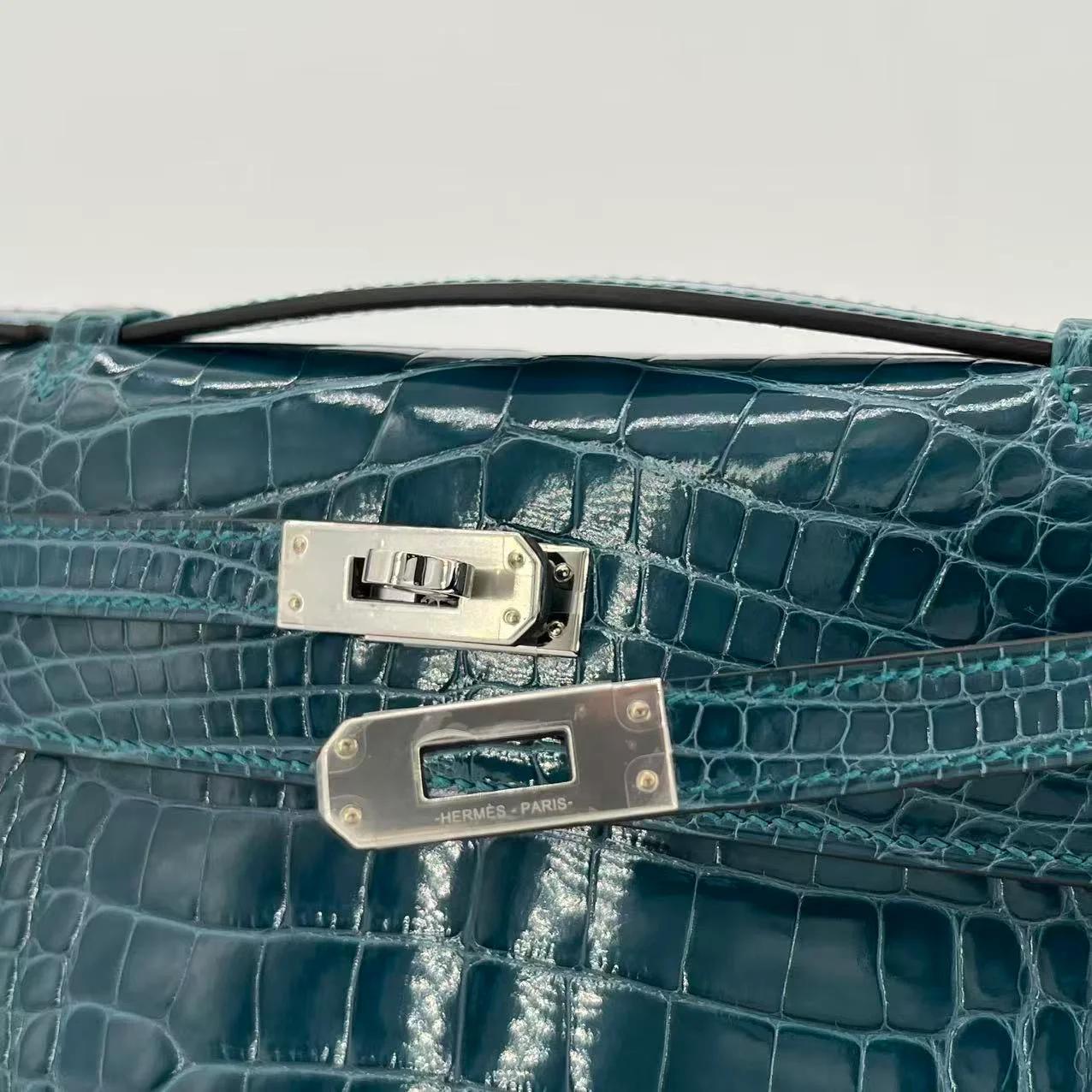 Unused ( Rank NS ) HERMÈS Kelly Pochette Vert Bosphore (W0) Shiny Alligator Palladium hardware Y (2020) - 9