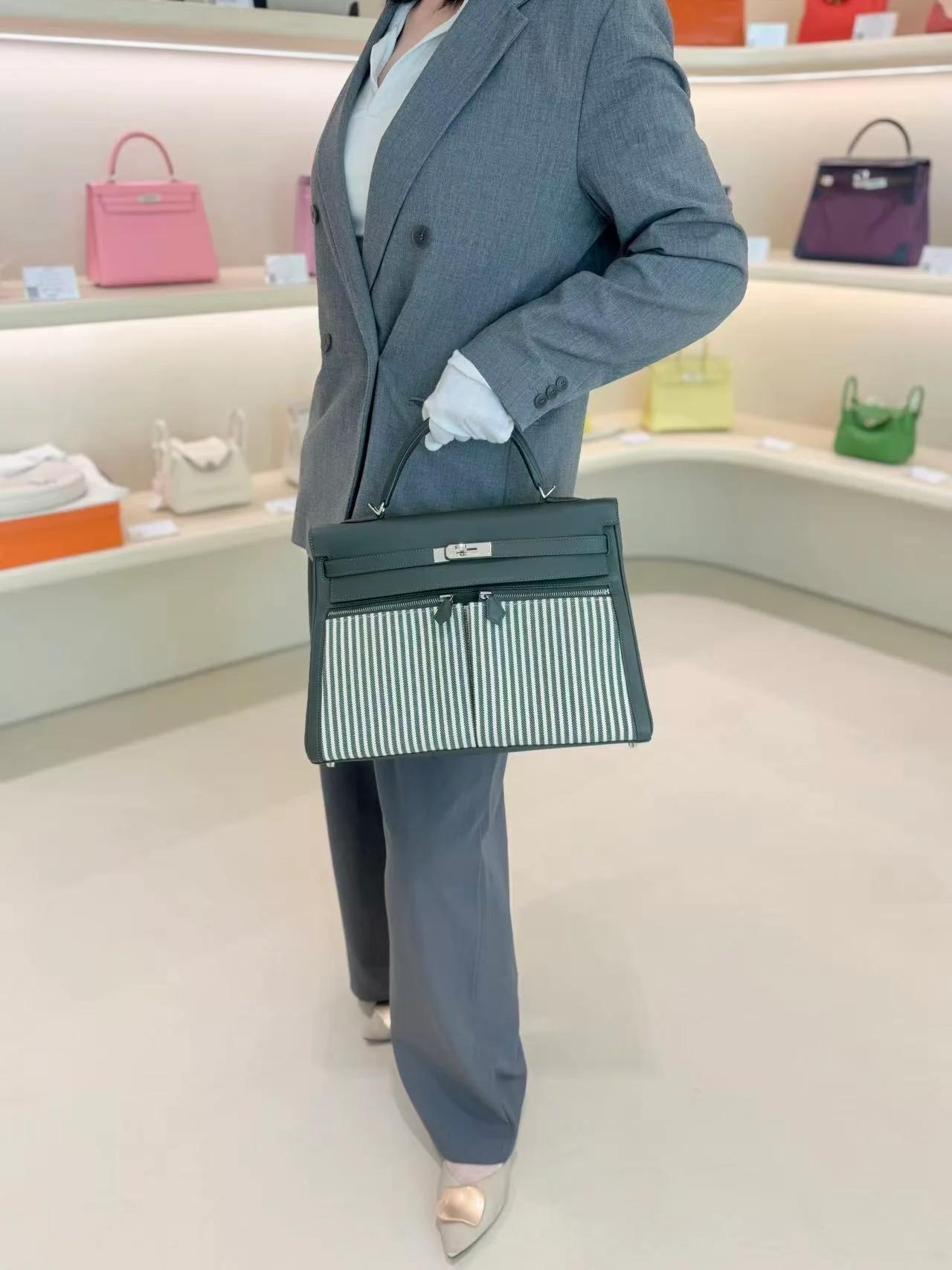 Very Good ( Rank A) HERMÈS Kelly Lakis 35 Vert Anglais (2Q) Swift Toile H canvas Palladium hardware X (2016) - 5