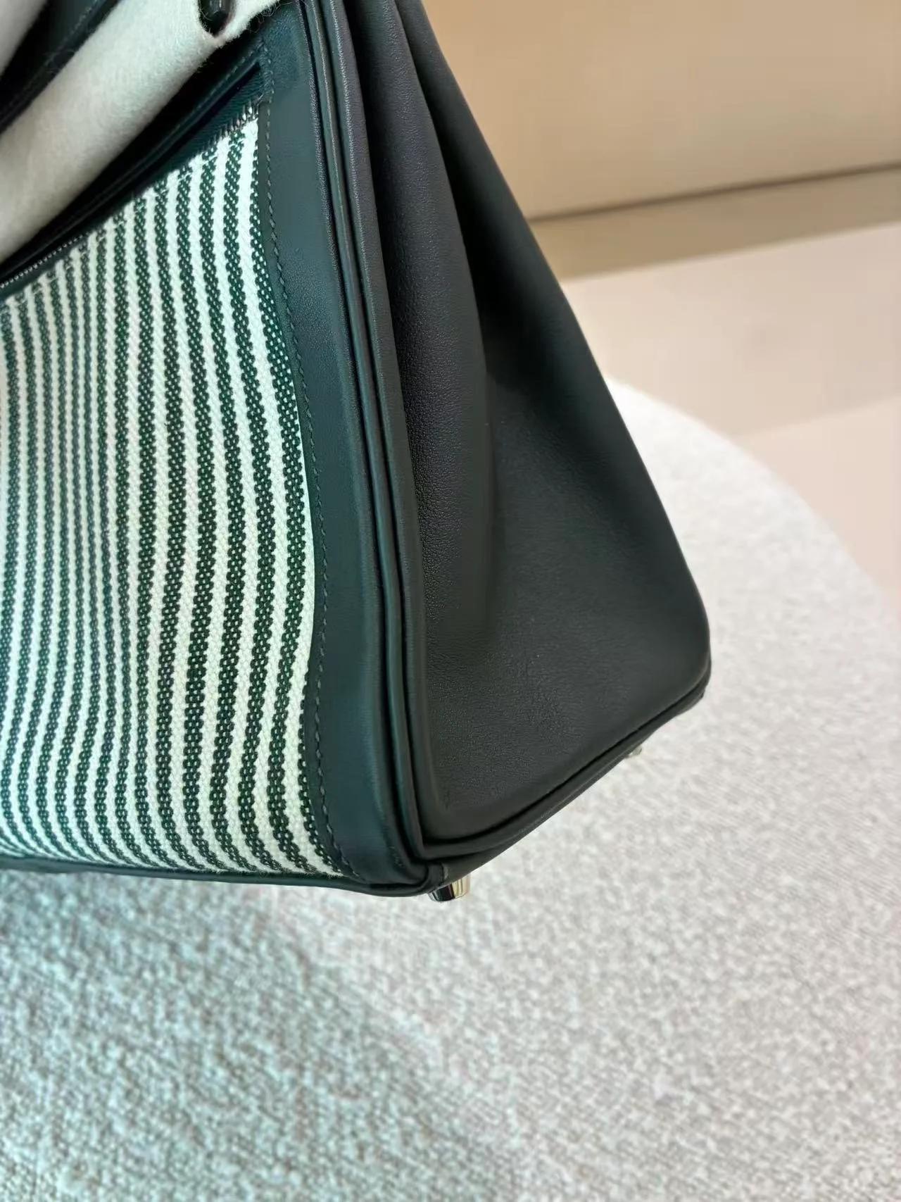 Very Good ( Rank A) HERMÈS Kelly Lakis 35 Vert Anglais (2Q) Swift Toile H canvas Palladium hardware X (2016) - 12
