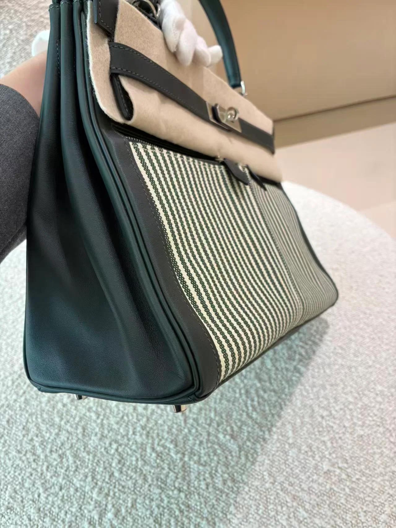 Very Good ( Rank A) HERMÈS Kelly Lakis 35 Vert Anglais (2Q) Swift Toile H canvas Palladium hardware X (2016) - 15