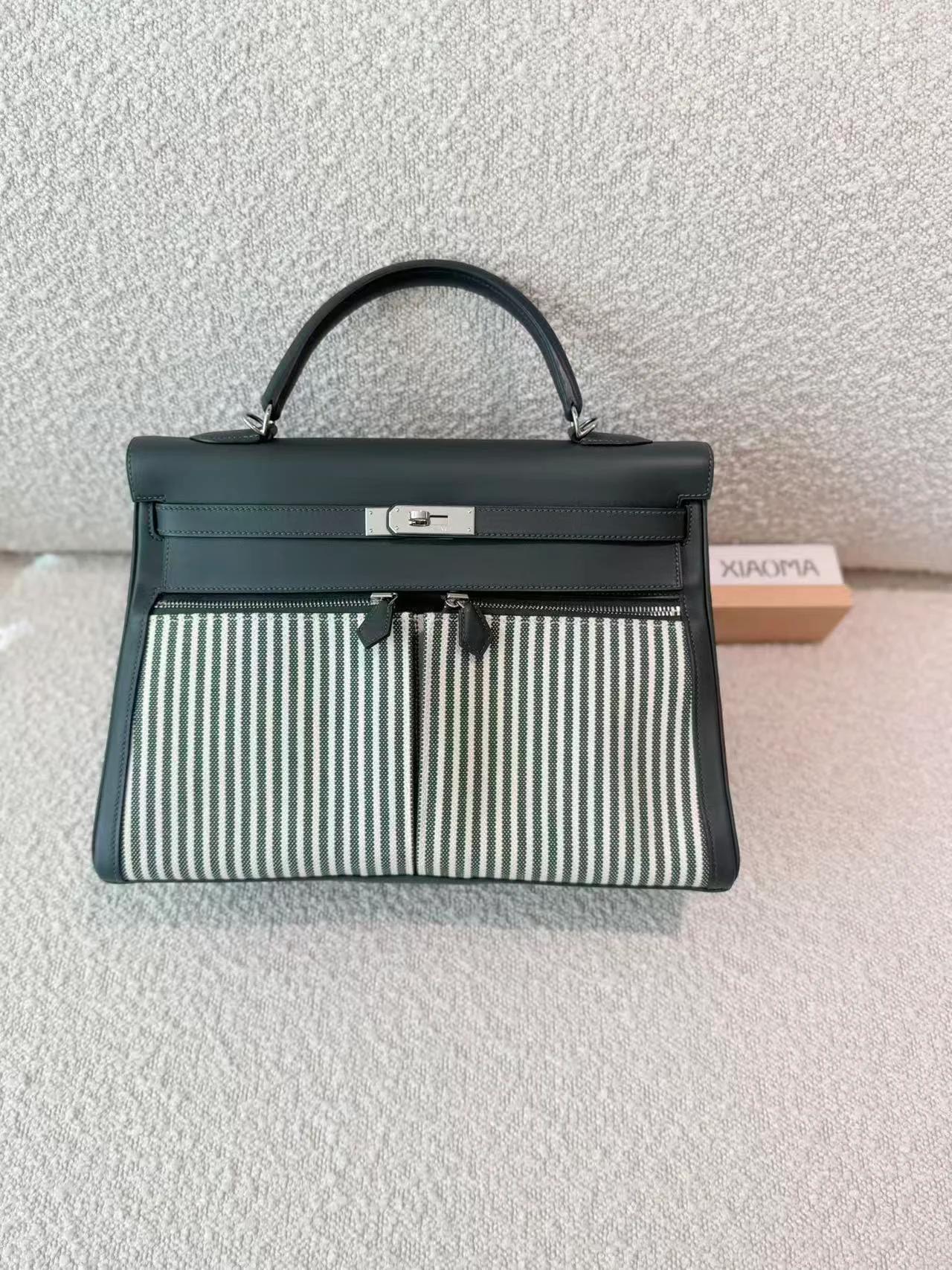 Very Good ( Rank A) HERMÈS Kelly Lakis 35 Vert Anglais (2Q) Swift Toile H canvas Palladium hardware X (2016) - 4