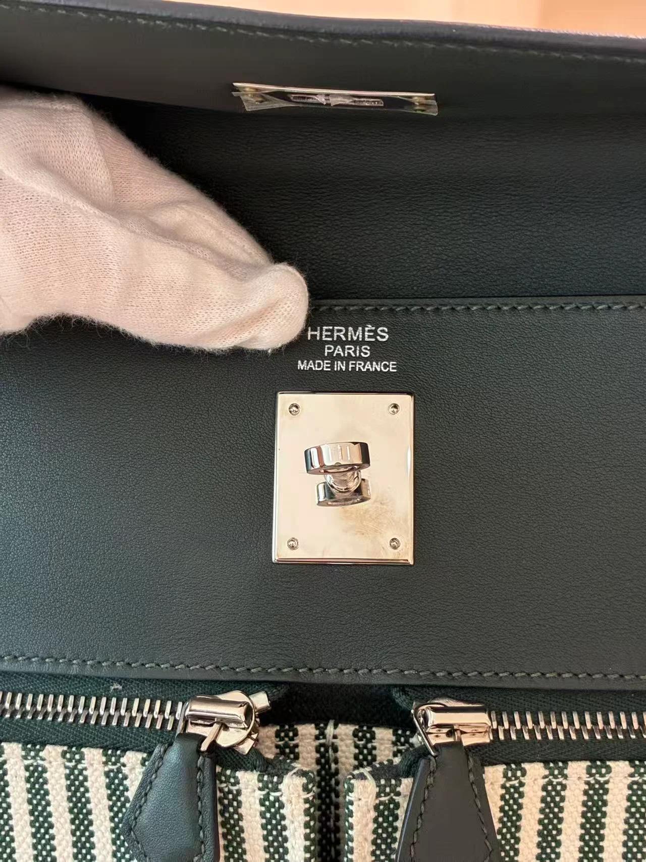 Very Good ( Rank A) HERMÈS Kelly Lakis 35 Vert Anglais (2Q) Swift Toile H canvas Palladium hardware X (2016) - 24