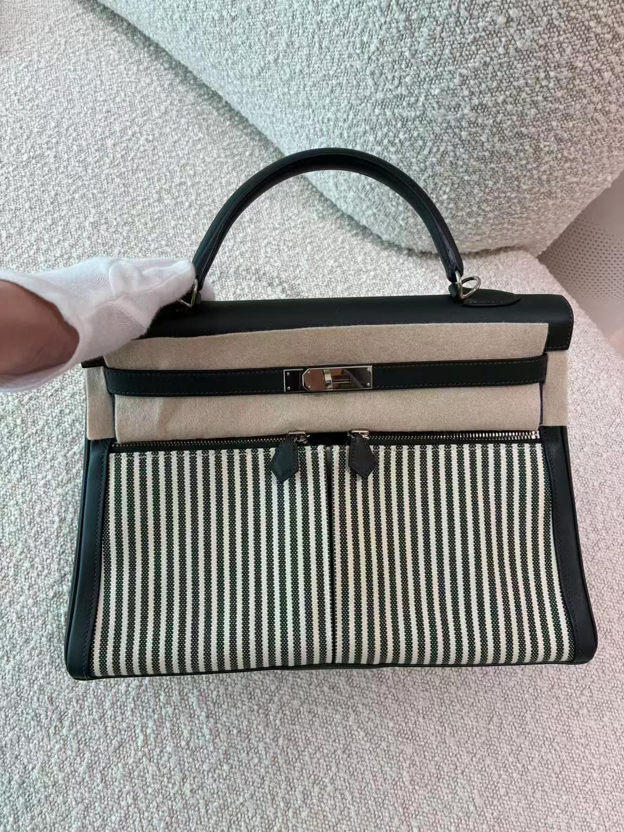 Very Good ( Rank A) HERMÈS Kelly Lakis 35 Vert Anglais (2Q) Swift Toile H canvas Palladium hardware X (2016) - 6