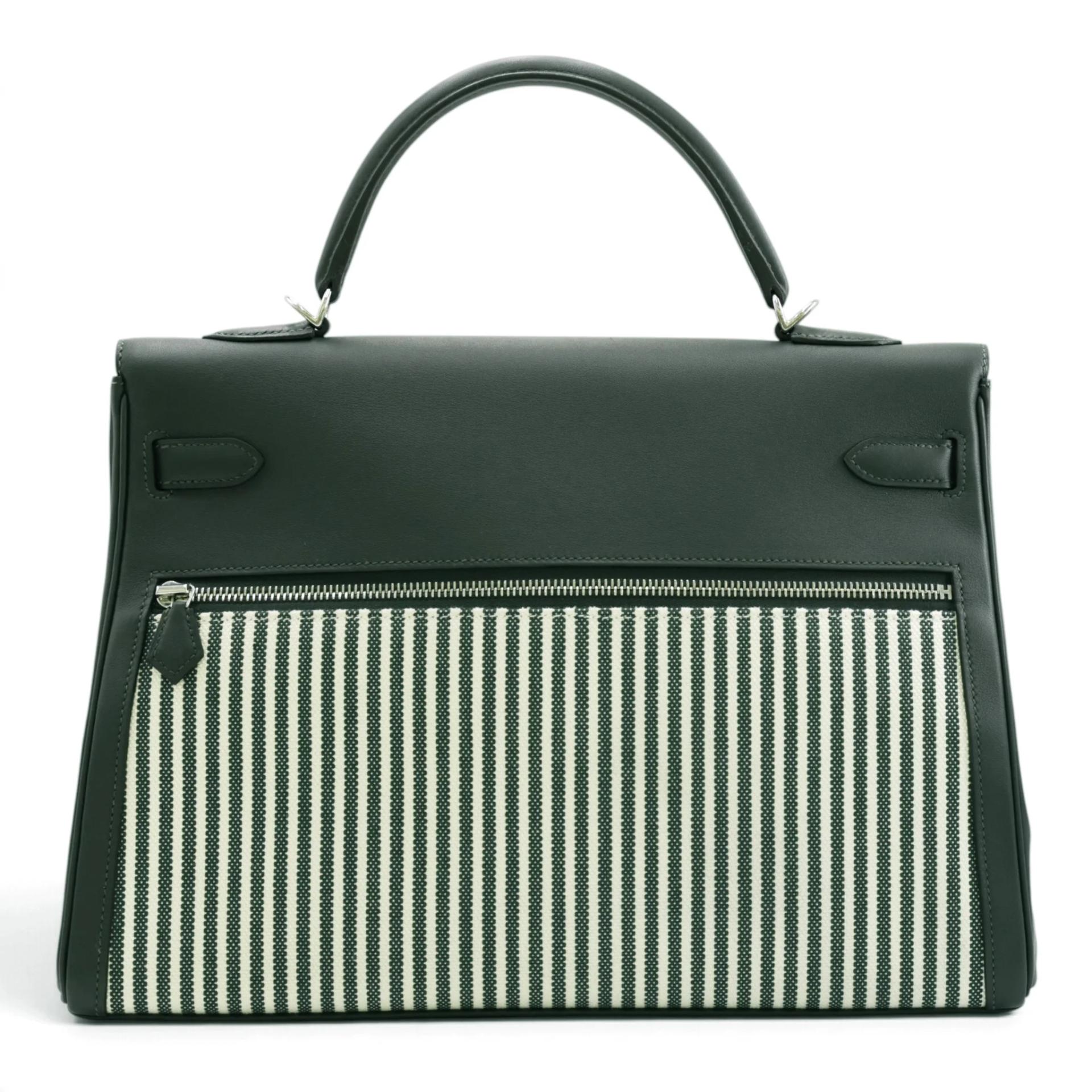 Very Good ( Rank A) HERMÈS Kelly Lakis 35 Vert Anglais (2Q) Swift Toile H canvas Palladium hardware X (2016) - 2