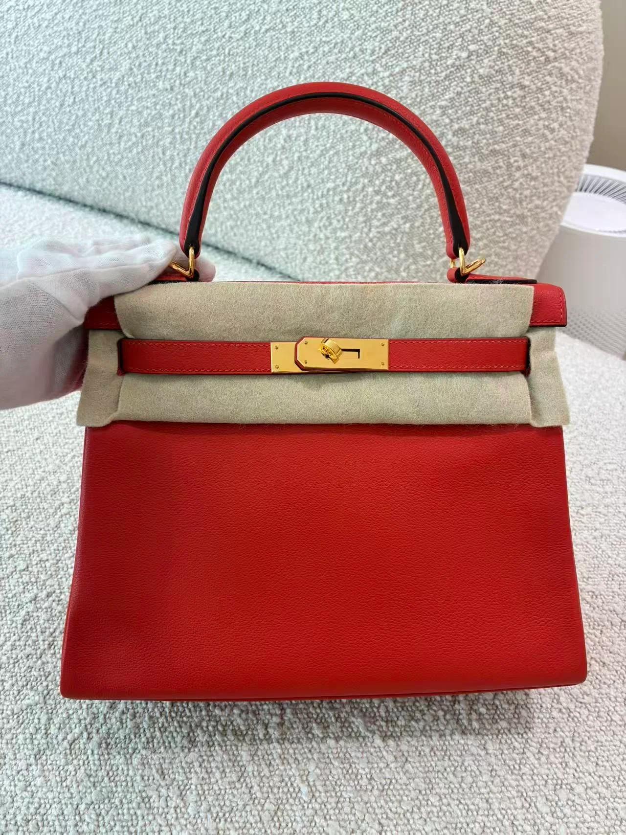 Very Good ( Rank A) HERMÈS Kelly 28 Verso Rouge H (55) Capucine (9T) Evercolor Gold hardware C (2018) - 5