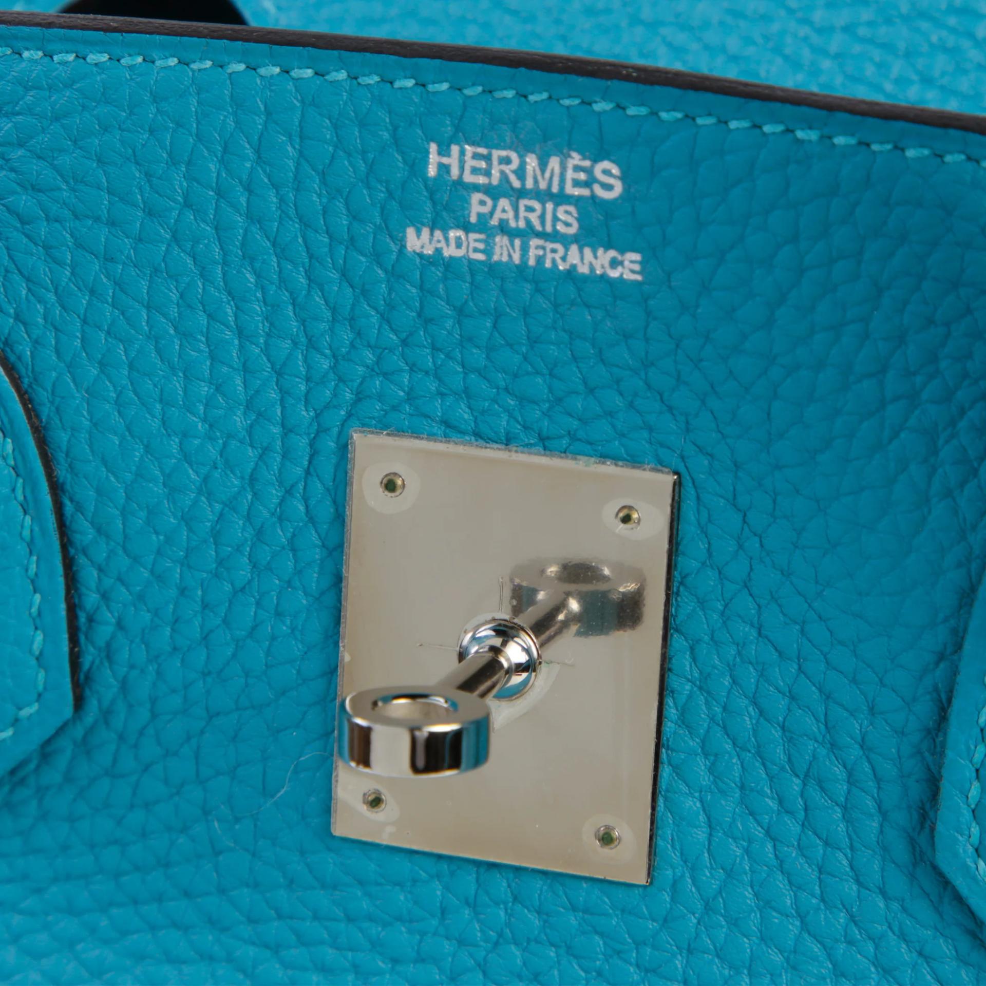 Excellent ( Rank SA ) HERMÈS Birkin 35 Turquoise (7B) Togo Palladium hardware Square R (2014) - 9