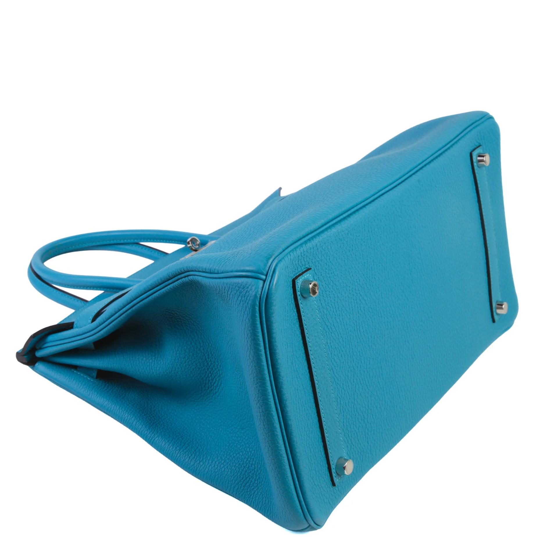Excellent ( Rank SA ) HERMÈS Birkin 35 Turquoise (7B) Togo Palladium hardware Square R (2014) - 4