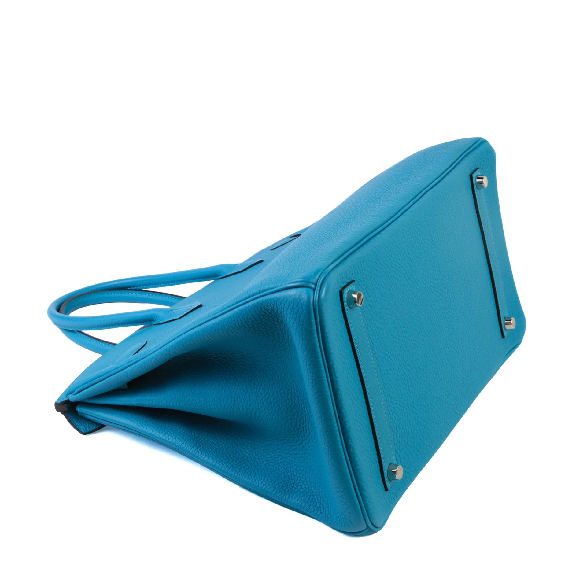 Excellent ( Rank SA ) HERMÈS Birkin 35 Turquoise (7B) Togo Palladium hardware Square R (2014) - 6