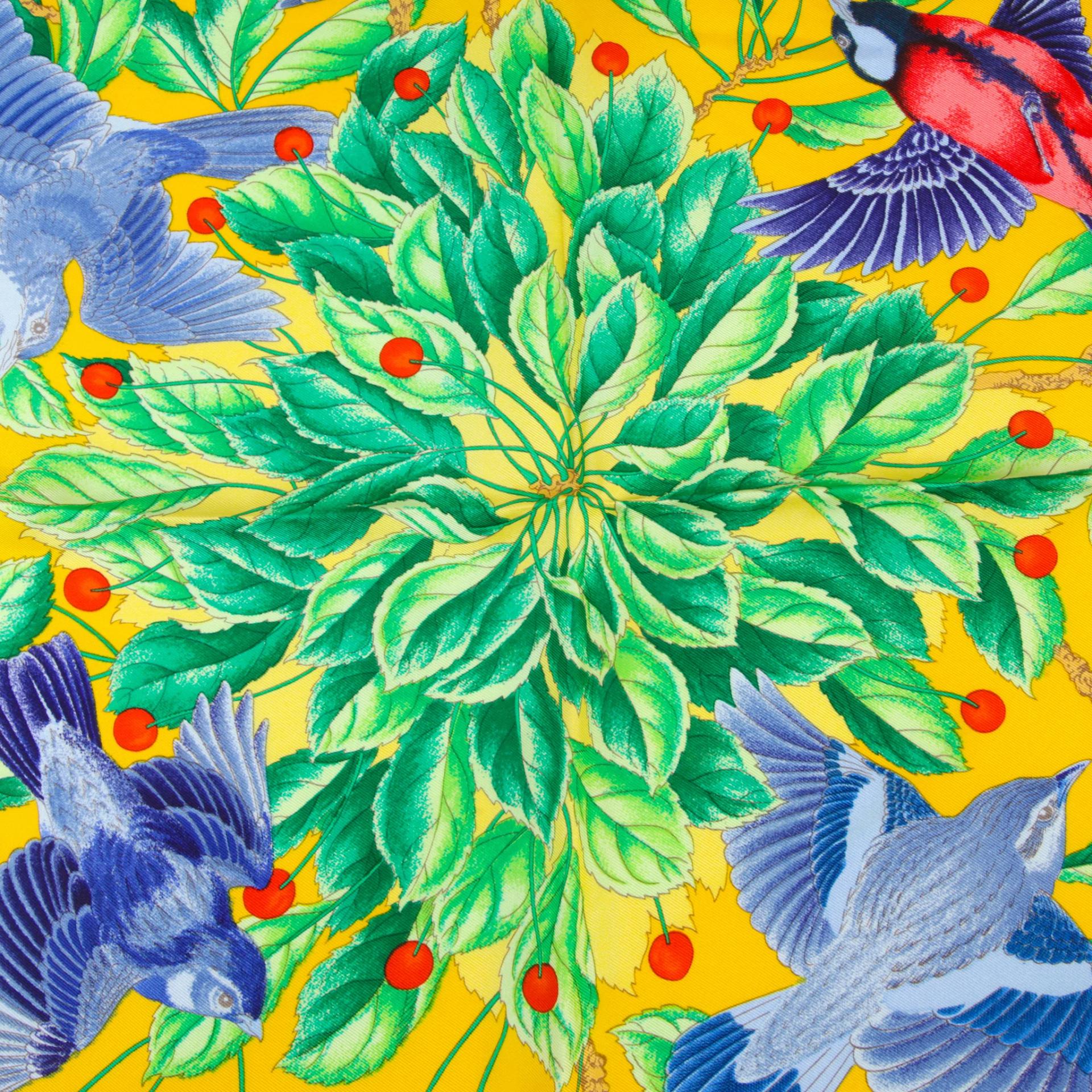 Carre 90 scarf Les merises Orange Yellow Green