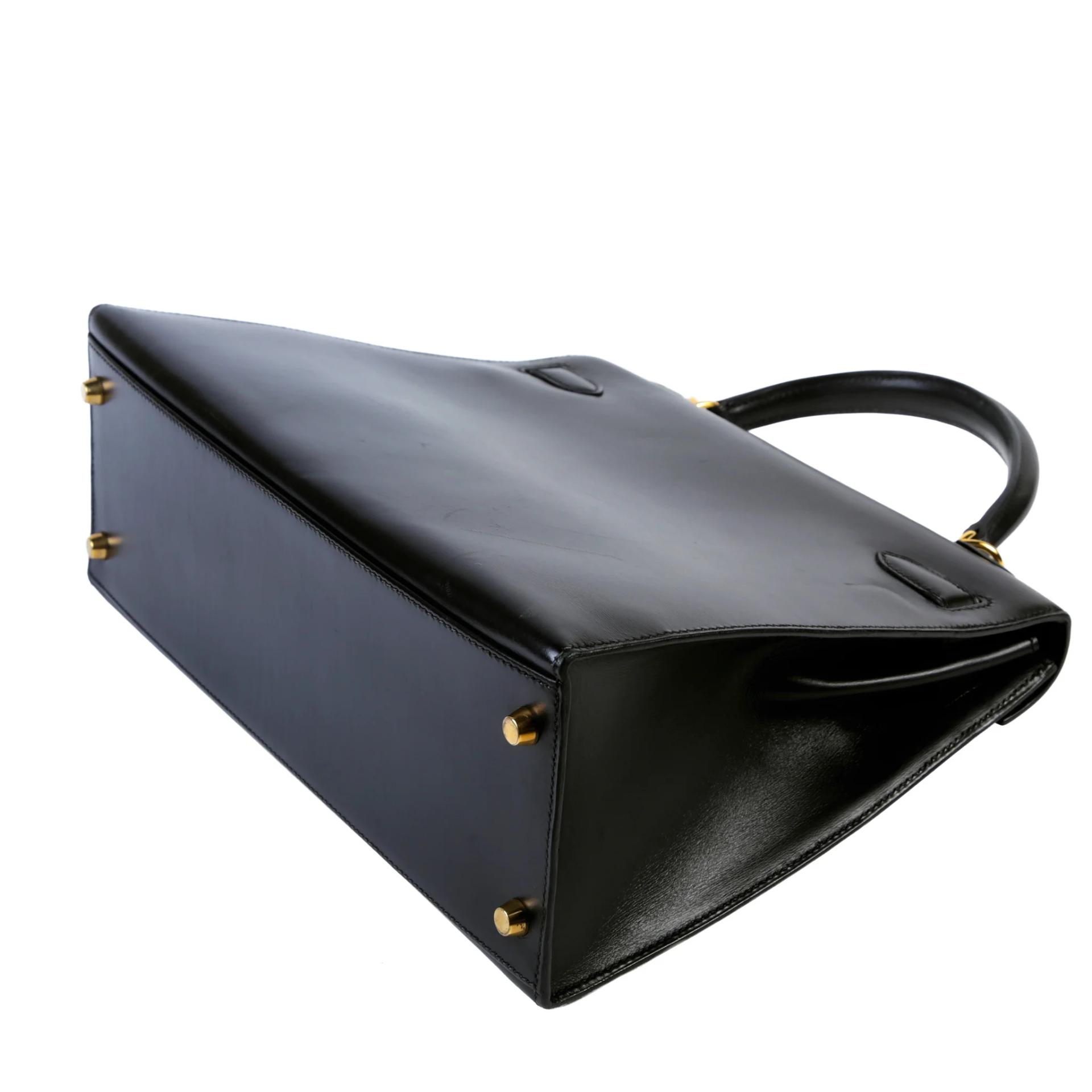 Good ( Rank AB) HERMÈS Kelly 32 Sellier Noir (89) Box-calf Gold hardware Square F (2002) - 7