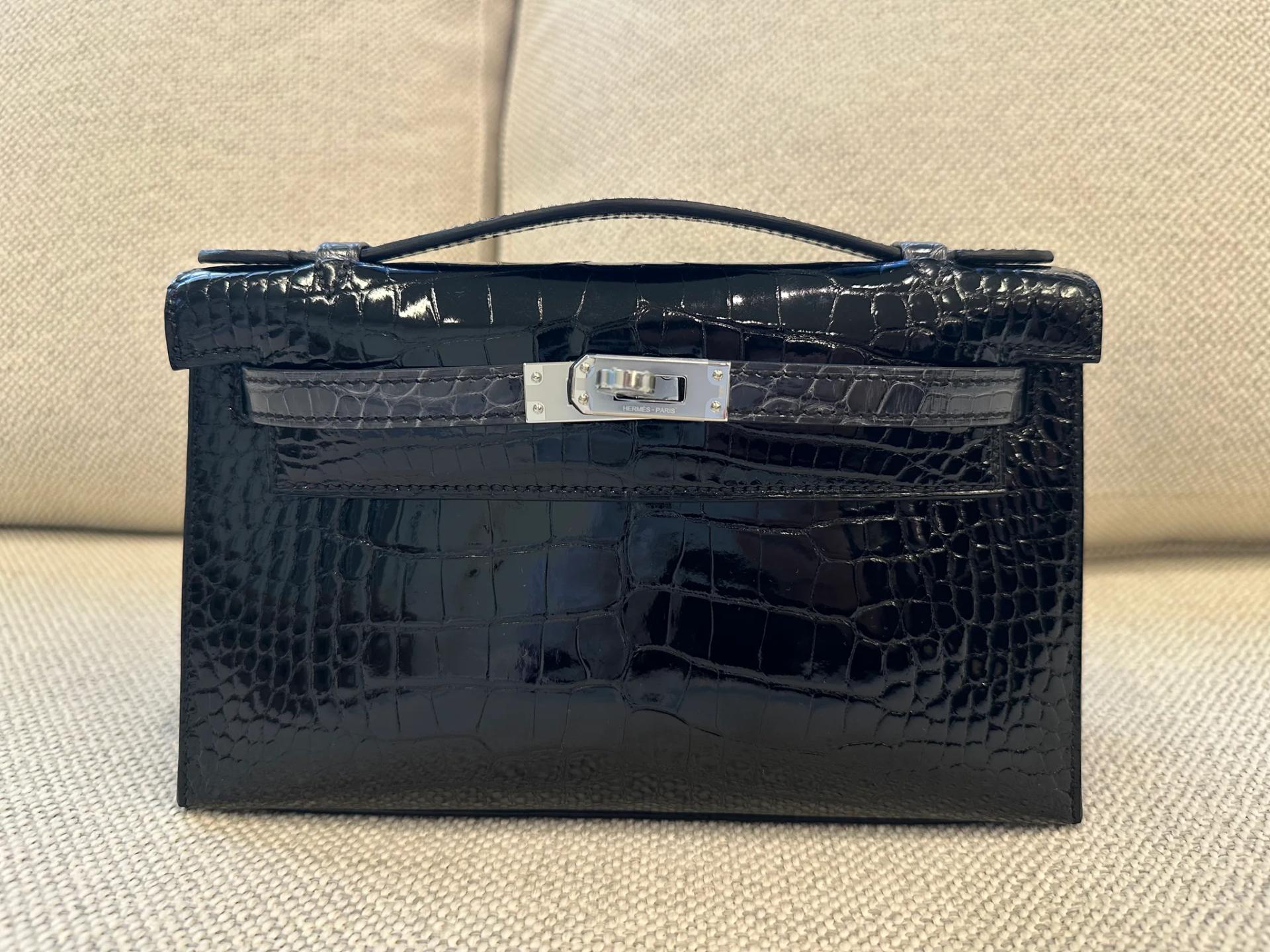 Brand New ( Rank N ) HERMÈS Kelly Pochette Noir (89) Graphite (88) Shiny Alligator Palladium hardware G (2026) - 3