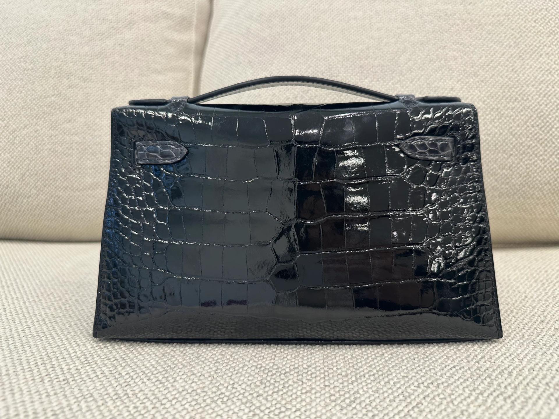 Brand New ( Rank N ) HERMÈS Kelly Pochette Noir (89) Graphite (88) Shiny Alligator Palladium hardware G (2026) - 4