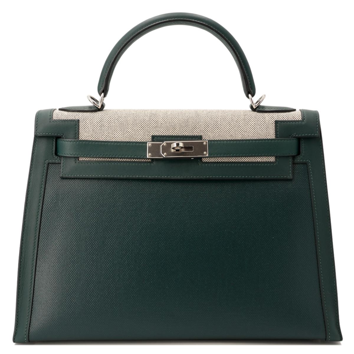 Unused ( Rank NS ) HERMÈS Kelly 32 Sellier Vert Cypress (6O) Swift Toile Berline canvas Palladium hardware D (2019) - 1