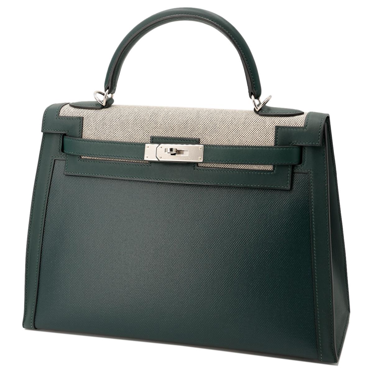 Unused ( Rank NS ) HERMÈS Kelly 32 Sellier Vert Cypress (6O) Swift Toile Berline canvas Palladium hardware D (2019) - 2