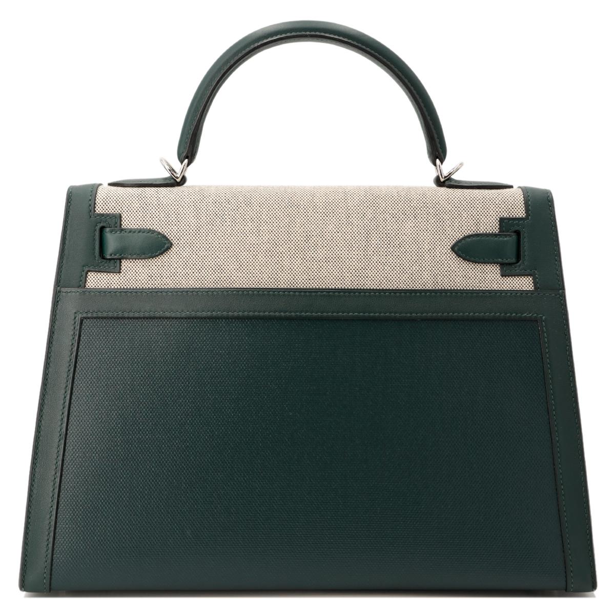 Unused ( Rank NS ) HERMÈS Kelly 32 Sellier Vert Cypress (6O) Swift Toile Berline canvas Palladium hardware D (2019) - 3