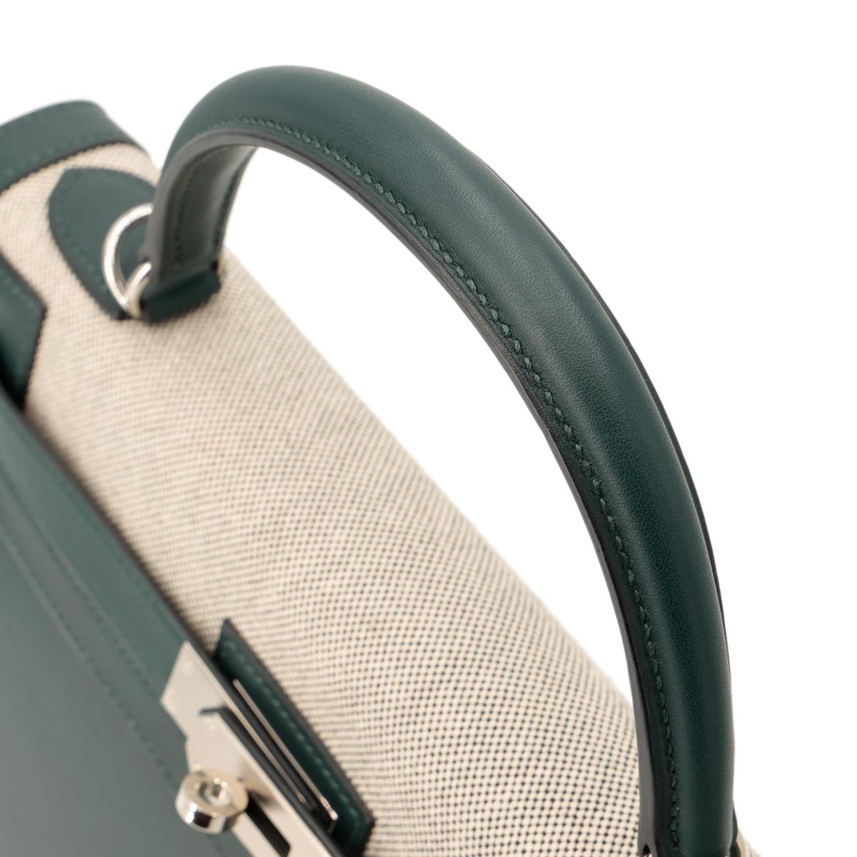 Unused ( Rank NS ) HERMÈS Kelly 32 Sellier Vert Cypress (6O) Swift Toile Berline canvas Palladium hardware D (2019) - 6