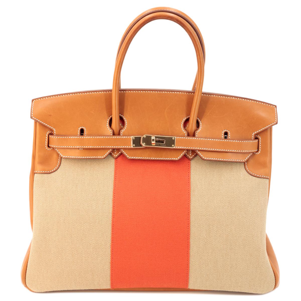 HERMÈS Limited Edition Birkin Flag 35 handbag in Ficelle, Orange and Fauve, Barenia leather and Toile H canvas with Permabrass hardware - 1