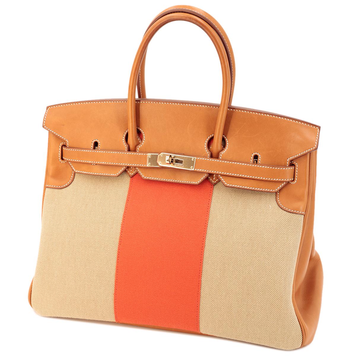 HERMÈS Limited Edition Birkin Flag 35 handbag in Ficelle, Orange and Fauve, Barenia leather and Toile H canvas with Permabrass hardware - 2