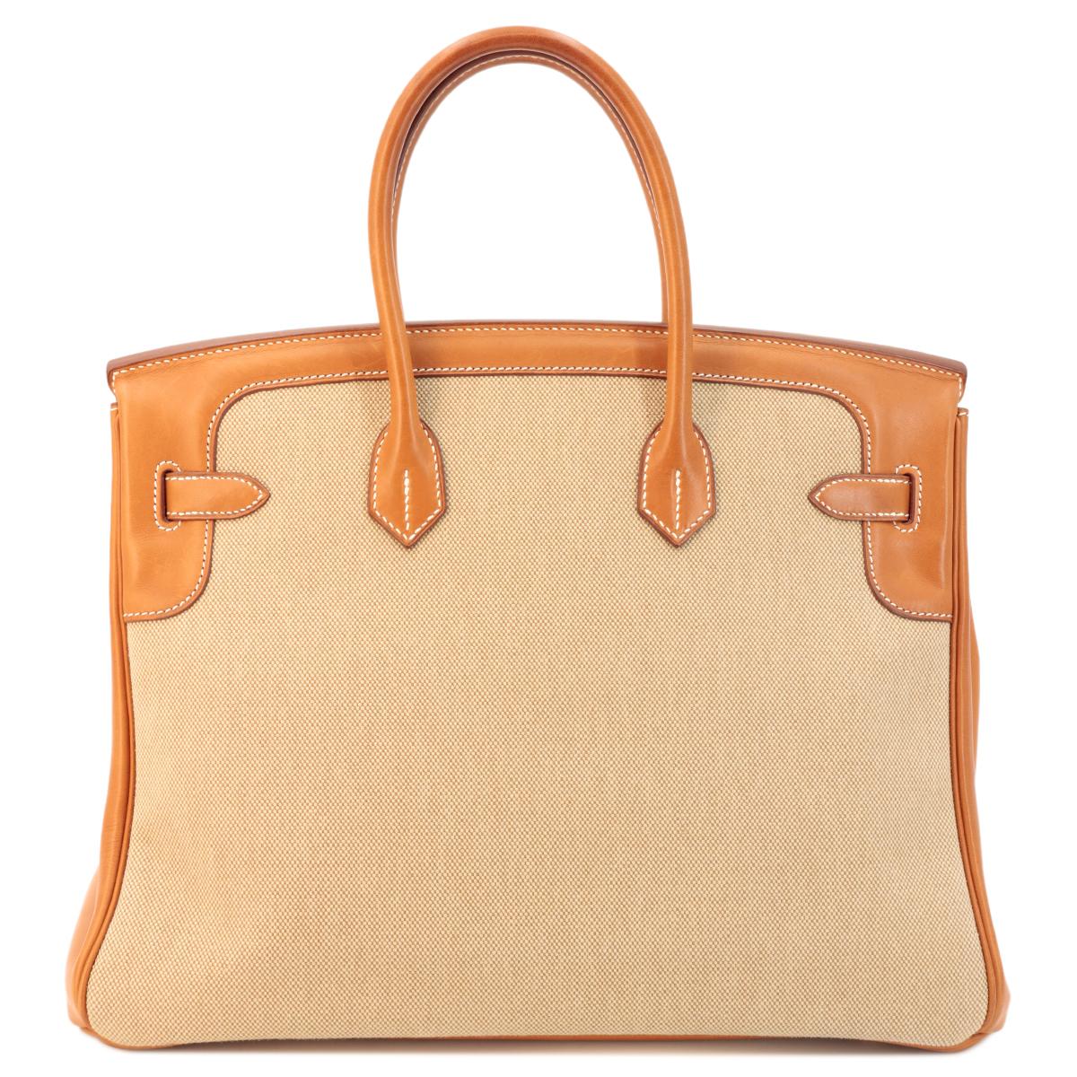 HERMÈS Limited Edition Birkin Flag 35 handbag in Ficelle, Orange and Fauve, Barenia leather and Toile H canvas with Permabrass hardware - 3
