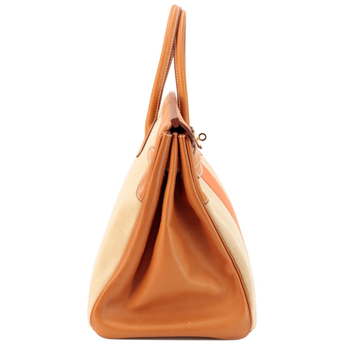HERMÈS Limited Edition Birkin Flag 35 handbag in Ficelle, Orange and Fauve, Barenia leather and Toile H canvas with Permabrass hardware - 4