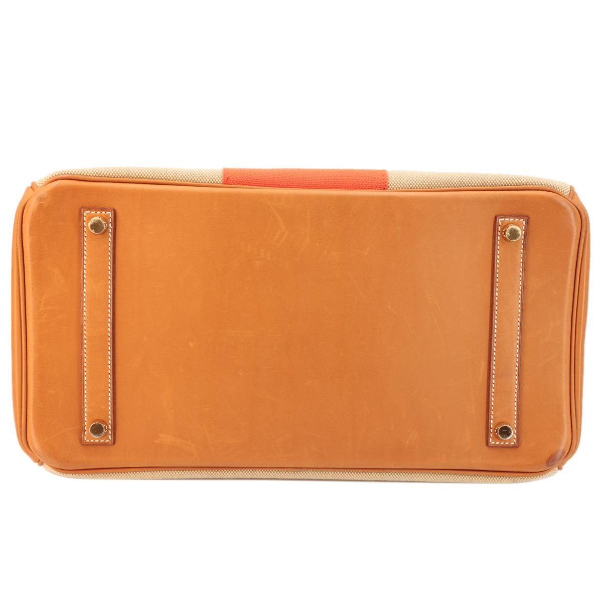 HERMÈS Limited Edition Birkin Flag 35 handbag in Ficelle, Orange and Fauve, Barenia leather and Toile H canvas with Permabrass hardware - 7