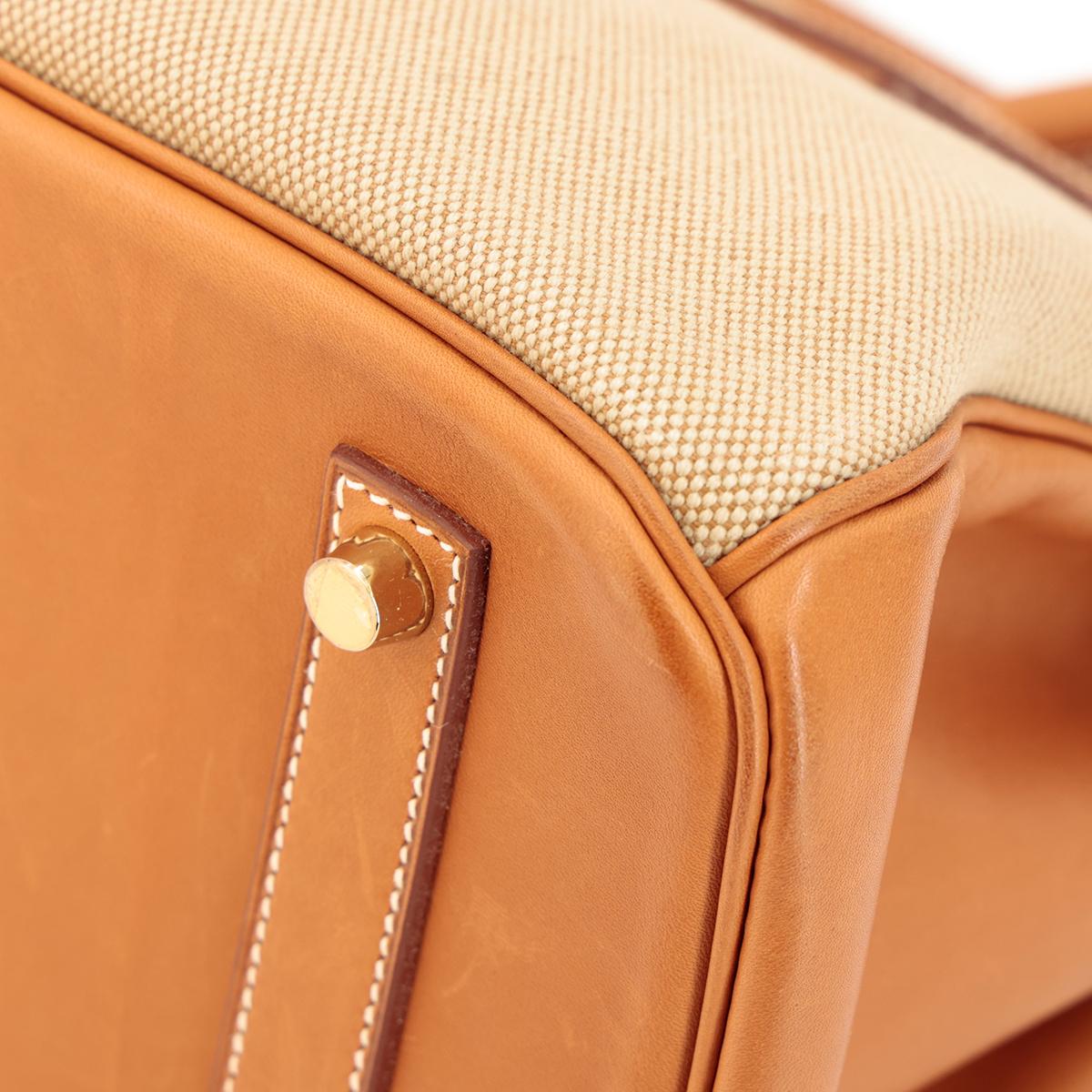 HERMÈS Limited Edition Birkin Flag 35 handbag in Ficelle, Orange and Fauve, Barenia leather and Toile H canvas with Permabrass hardware - 9