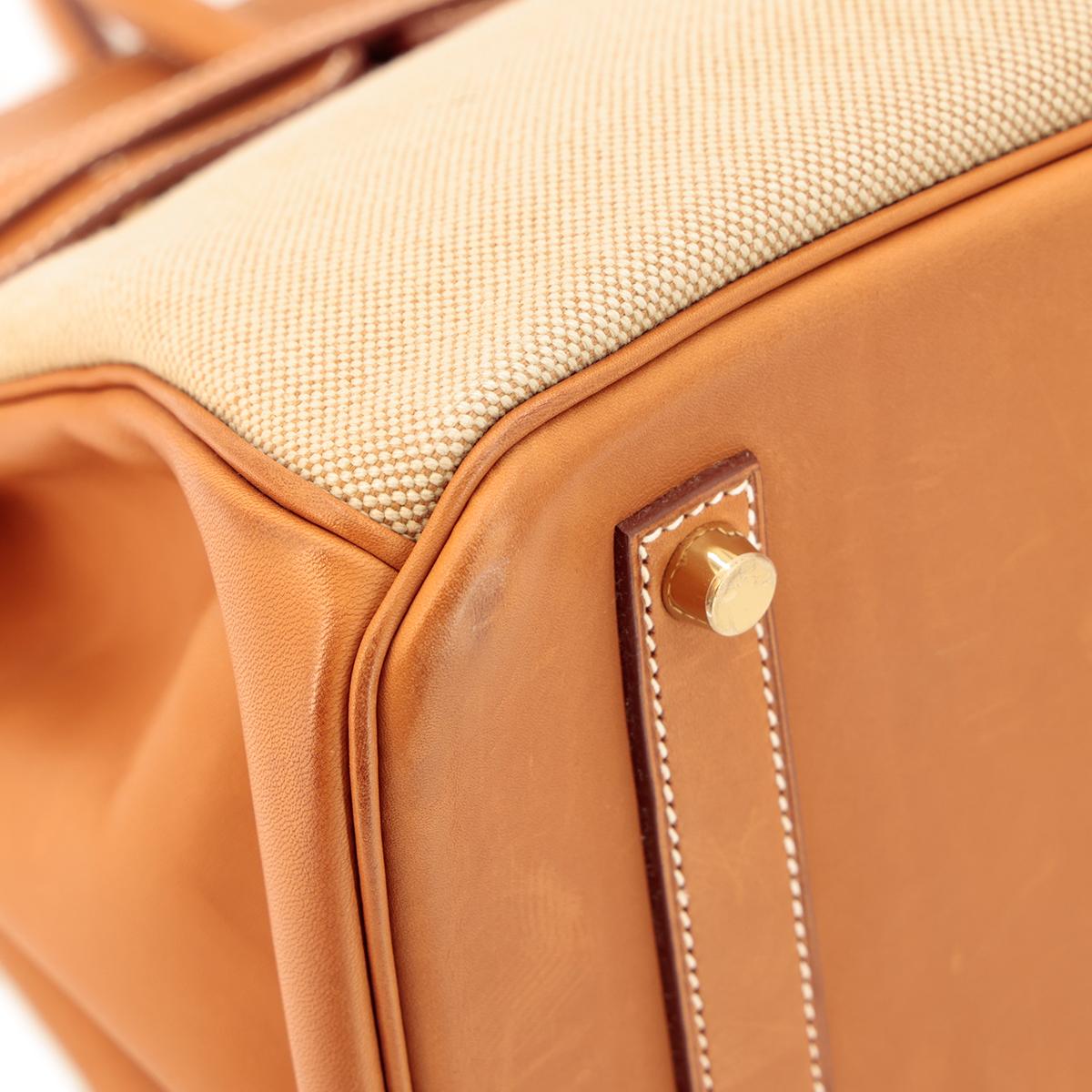 HERMÈS Limited Edition Birkin Flag 35 handbag in Ficelle, Orange and Fauve, Barenia leather and Toile H canvas with Permabrass hardware - 8