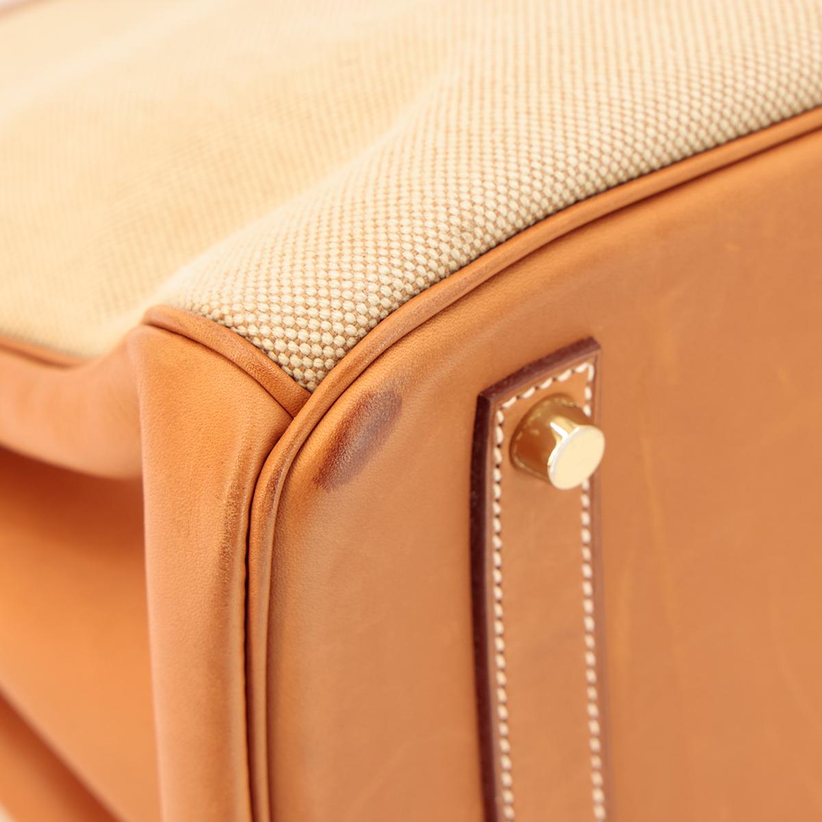 HERMÈS Limited Edition Birkin Flag 35 handbag in Ficelle, Orange and Fauve, Barenia leather and Toile H canvas with Permabrass hardware - 11