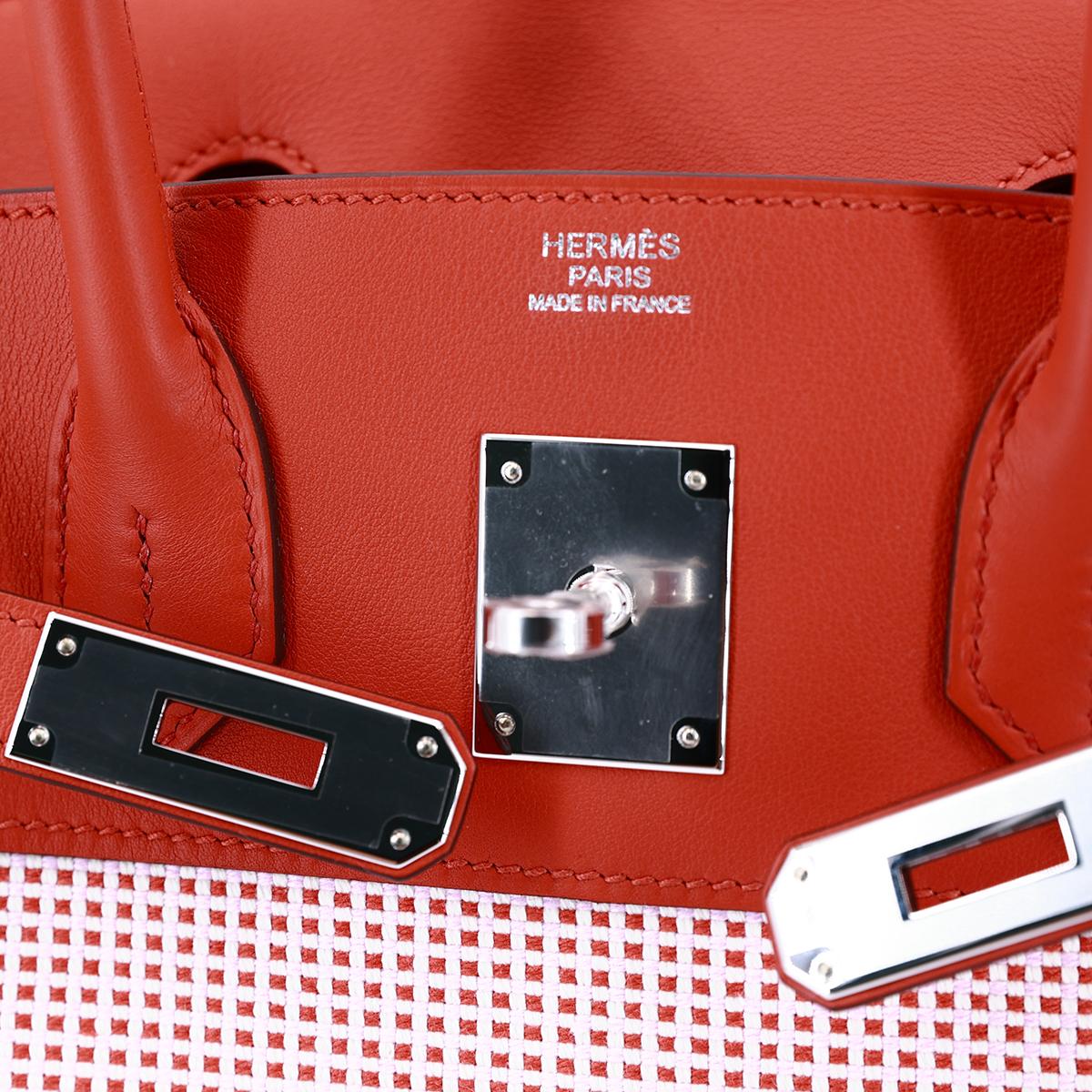HERMÈS Limited Edition Birkin Quadrille 30 handbag in Tri-color Toile Quadrille canvas and Sanguine Swift leather with Palladium hardware - 13