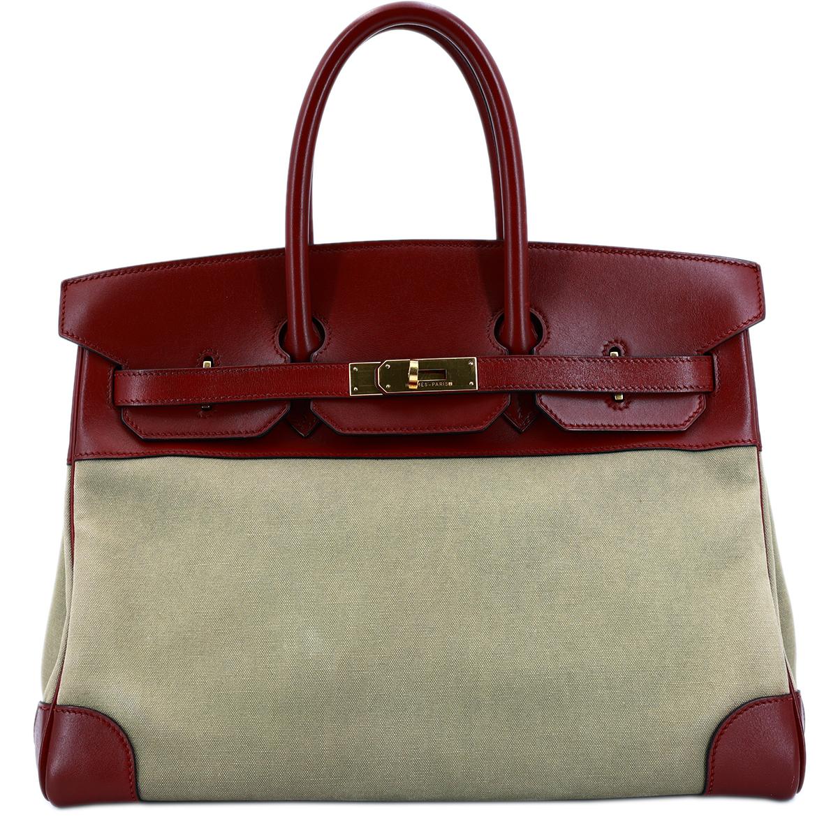 HERMÈS Birkin 35 handbag in Rouge H Box calfskin and Canvas with Gold hardware - 1
