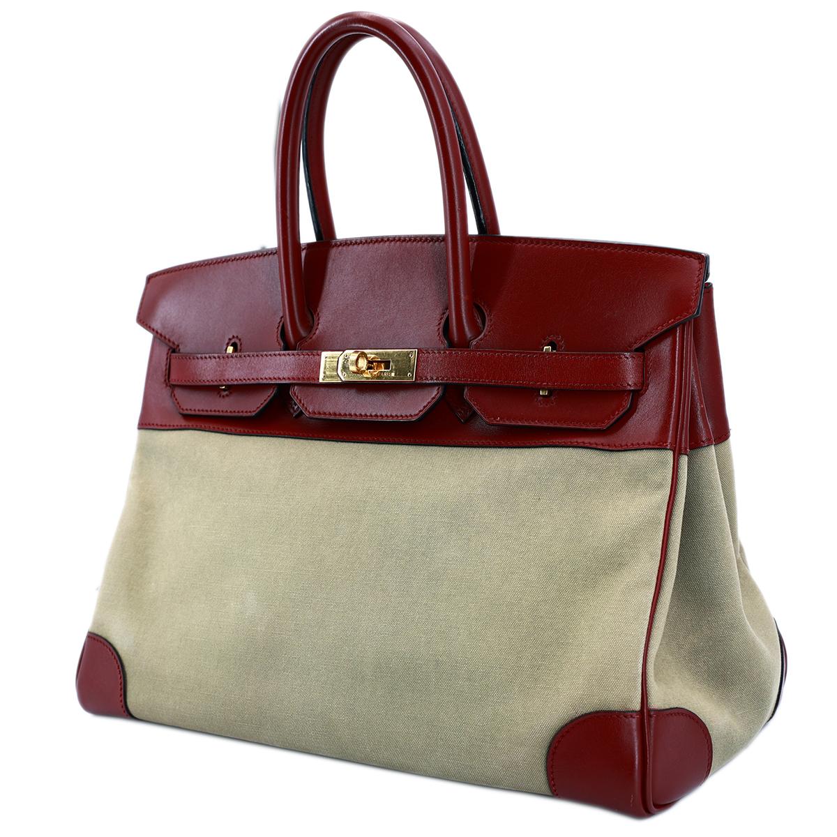 HERMÈS Birkin 35 handbag in Rouge H Box calfskin and Canvas with Gold hardware - 2