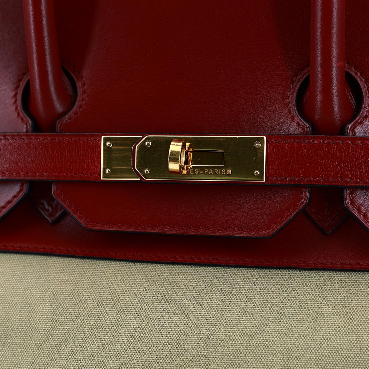 HERMÈS Birkin 35 handbag in Rouge H Box calfskin and Canvas with Gold hardware - 12