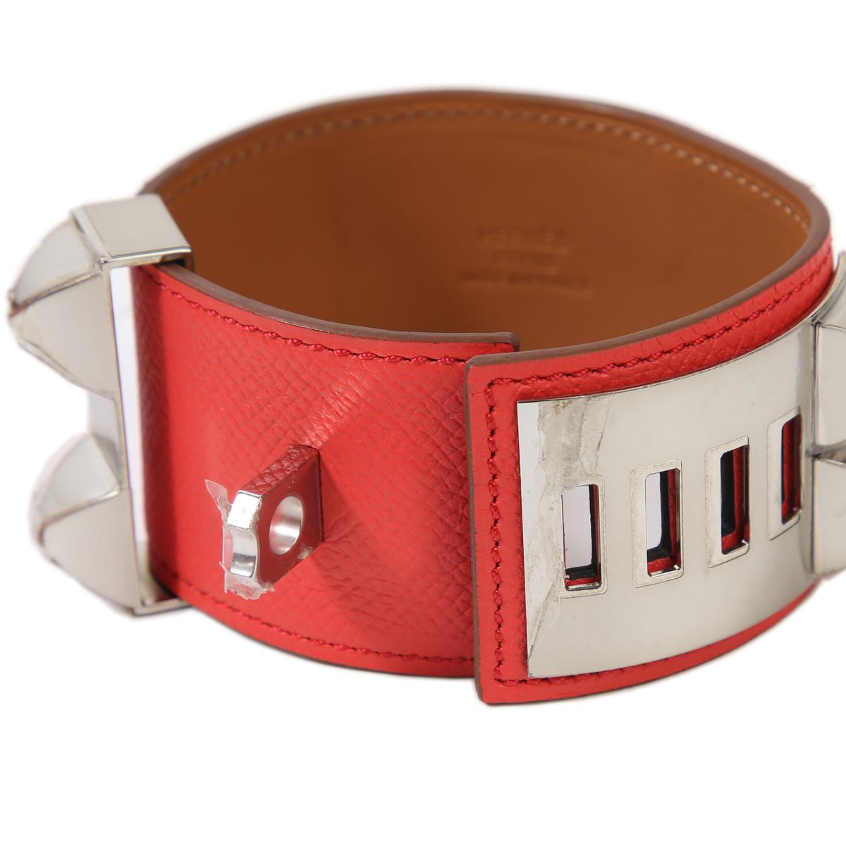 HERMÈS Collier De Chien bracelet in Rose Jaipur Epsom leather with Palladium hardware - 6