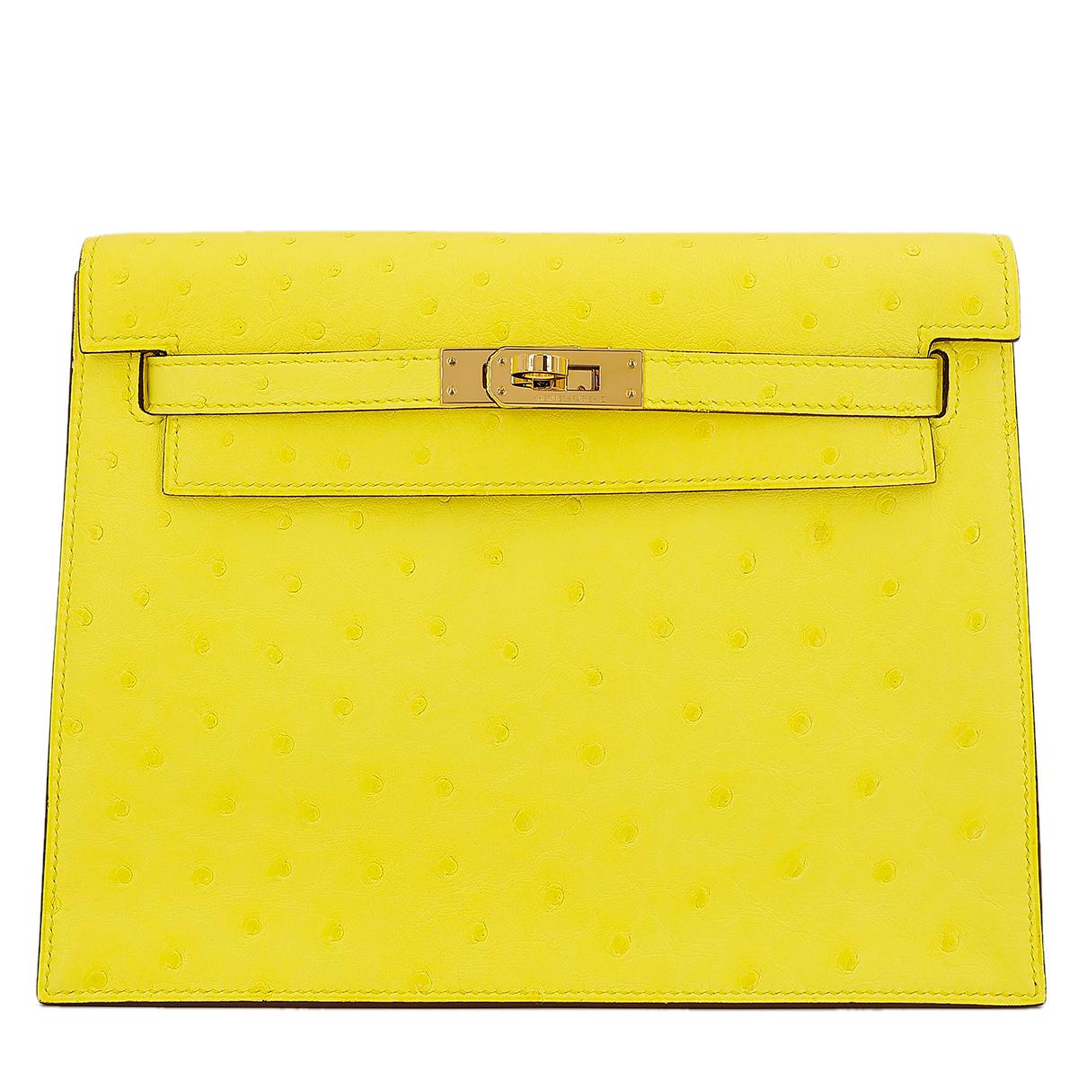 HERMÈS Ostrich Kelly Danse handbag in Jaune Citron with Gold hardware - 1