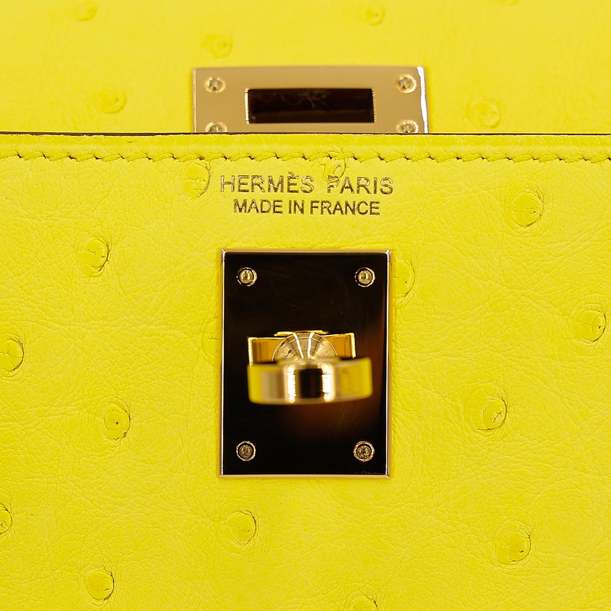 HERMÈS Ostrich Kelly Danse handbag in Jaune Citron with Gold hardware - 12