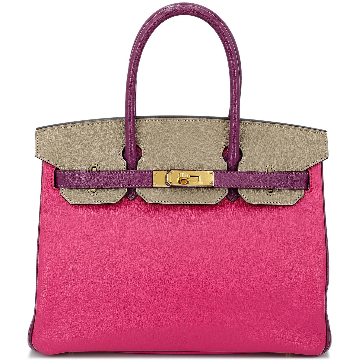 Good ( Rank AB) HERMÈS Special Order Birkin 30 Anemone (P9) Gris Tourterelle (81) Rose Shocking (5R) Chevre Gold hardware X (2016) - 1