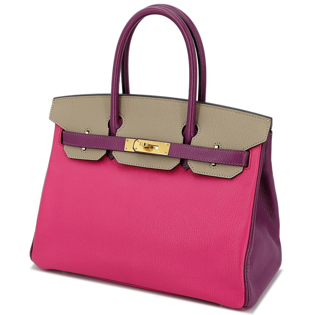 Good ( Rank AB) HERMÈS Special Order Birkin 30 Anemone (P9) Gris Tourterelle (81) Rose Shocking (5R) Chevre Gold hardware X (2016) - 2