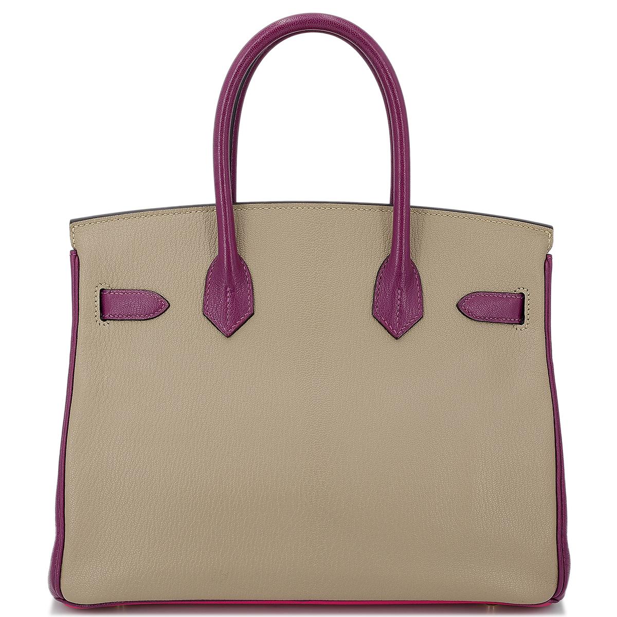 Good ( Rank AB) HERMÈS Special Order Birkin 30 Anemone (P9) Gris Tourterelle (81) Rose Shocking (5R) Chevre Gold hardware X (2016) - 3